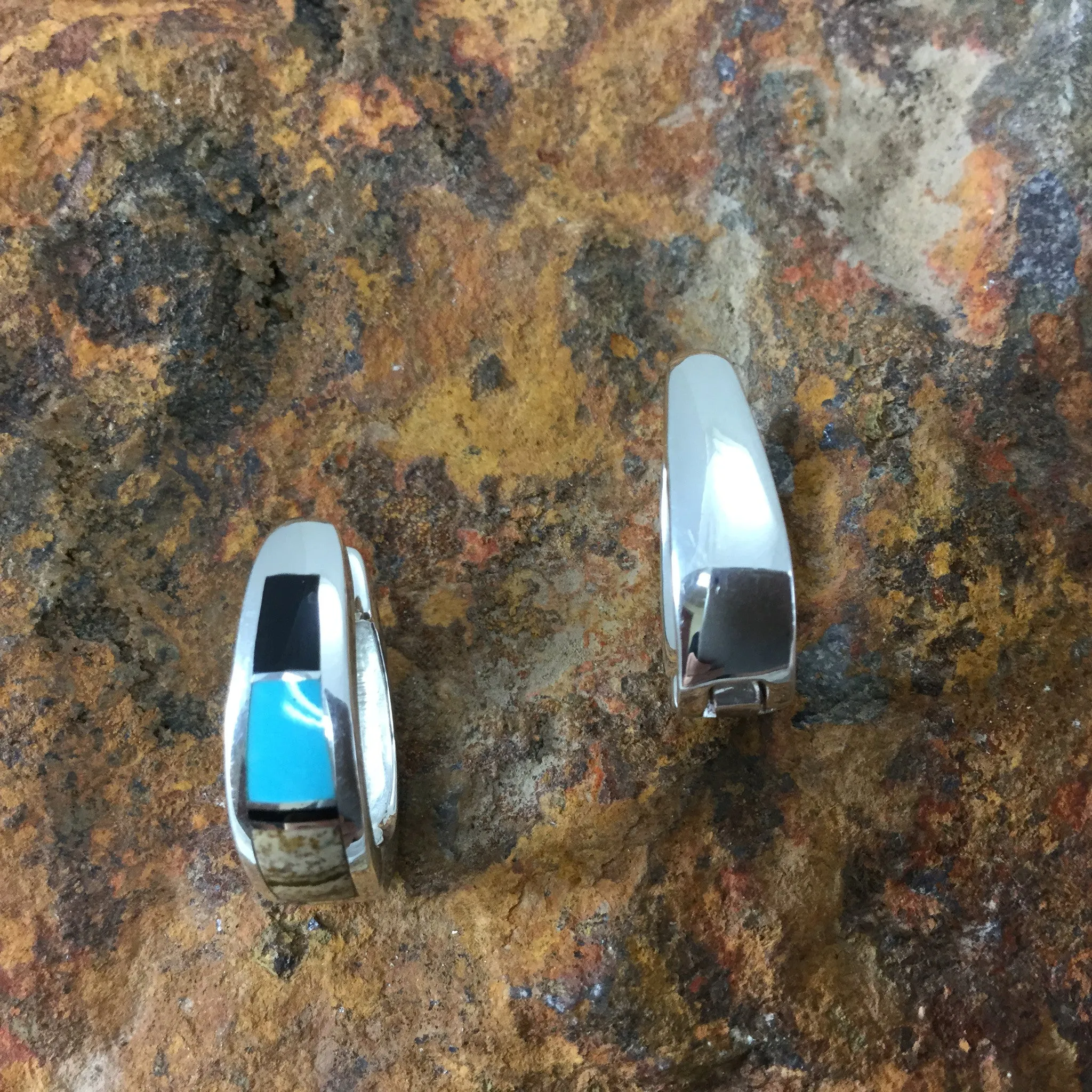 David Rosales Turquoise Creek Inlaid Sterling Silver Earrings Huggies