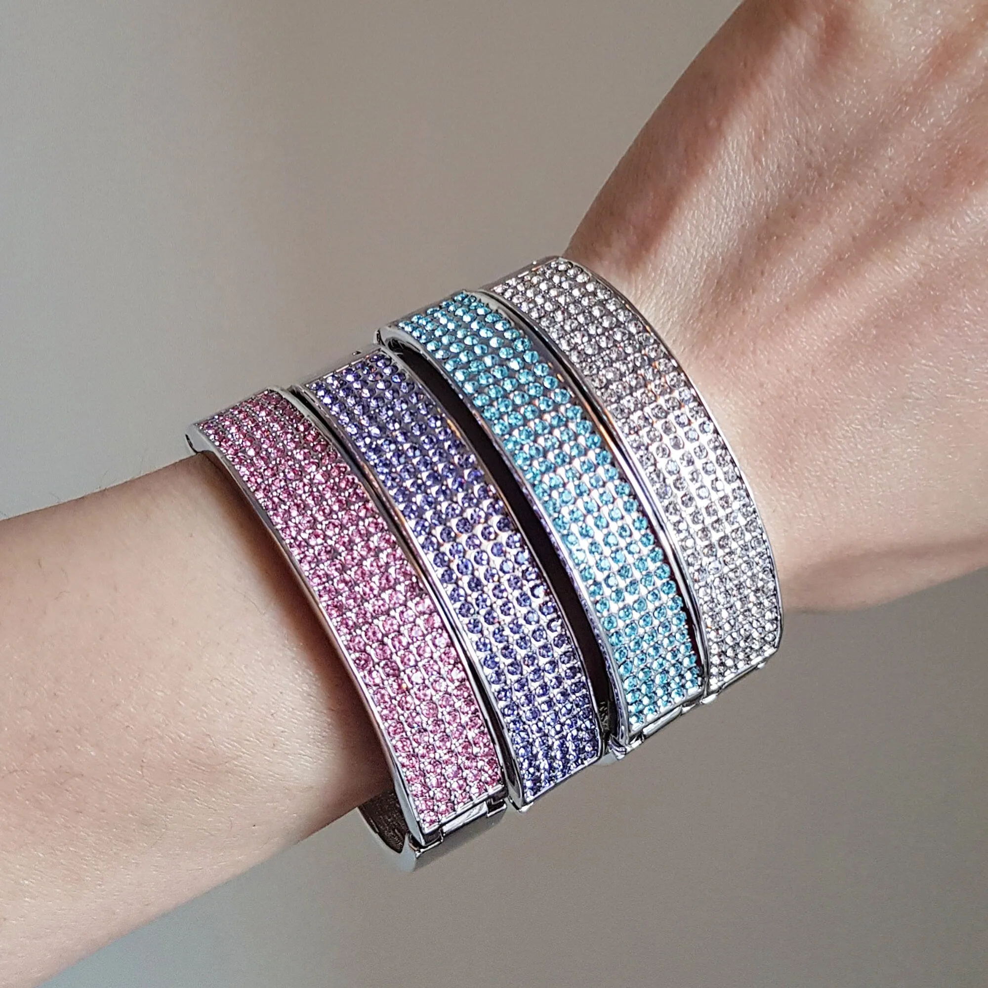 Dazzling Crystal Diamante Clip on Cuff Bangle Bracelet in clear blue pink and purple