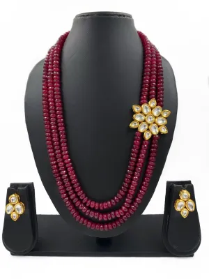 Designer Kundan Brooch And Red Jade Stone Beads Necklace Set