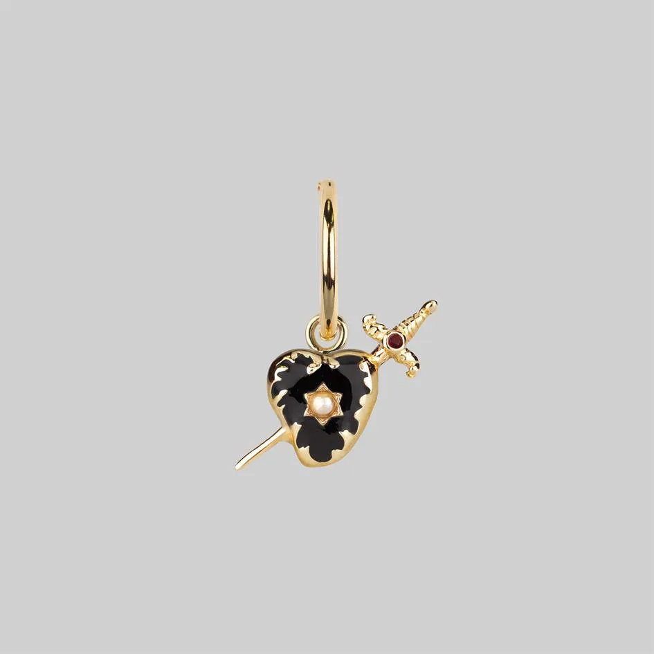 DEVOTION. Black Heart & Sword Hoop Earrings - Gold