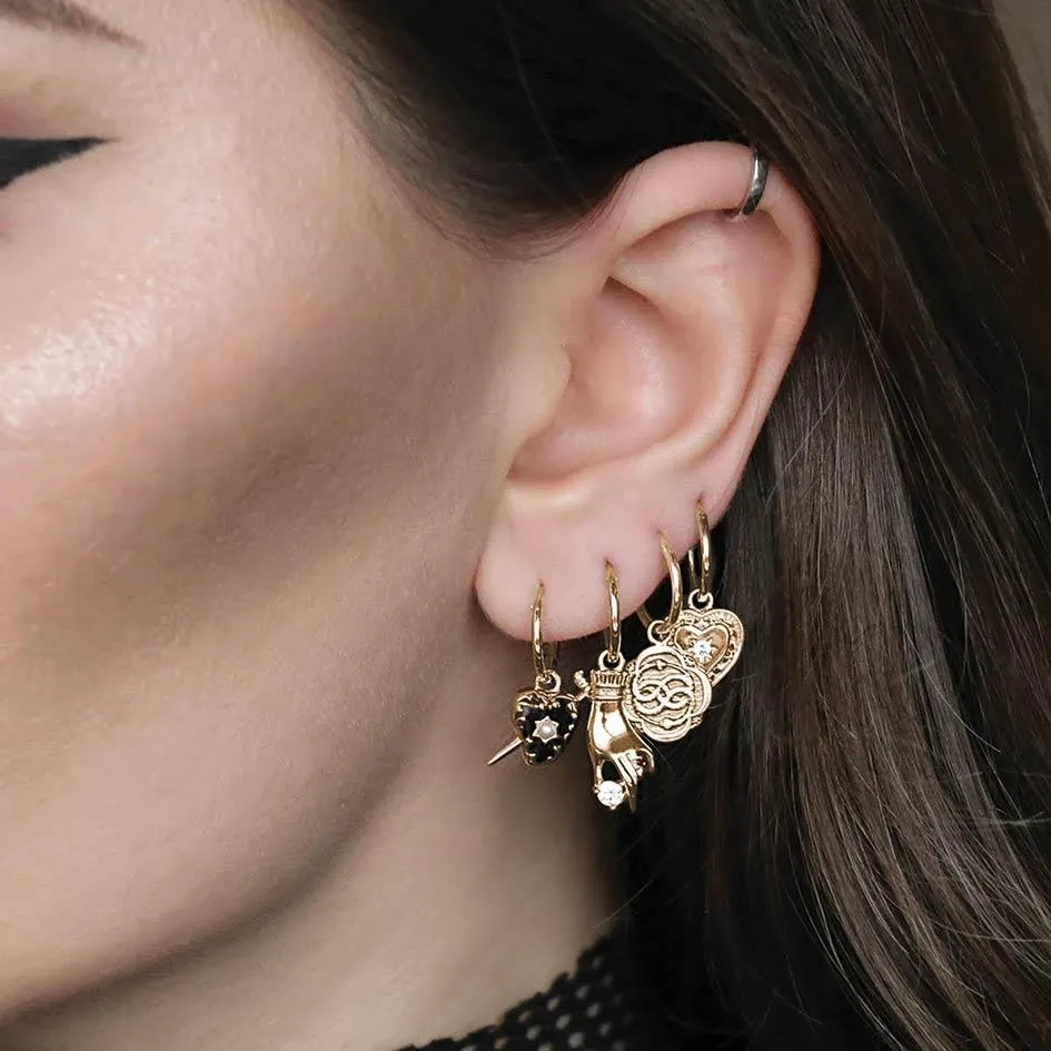 DEVOTION. Black Heart & Sword Hoop Earrings - Gold