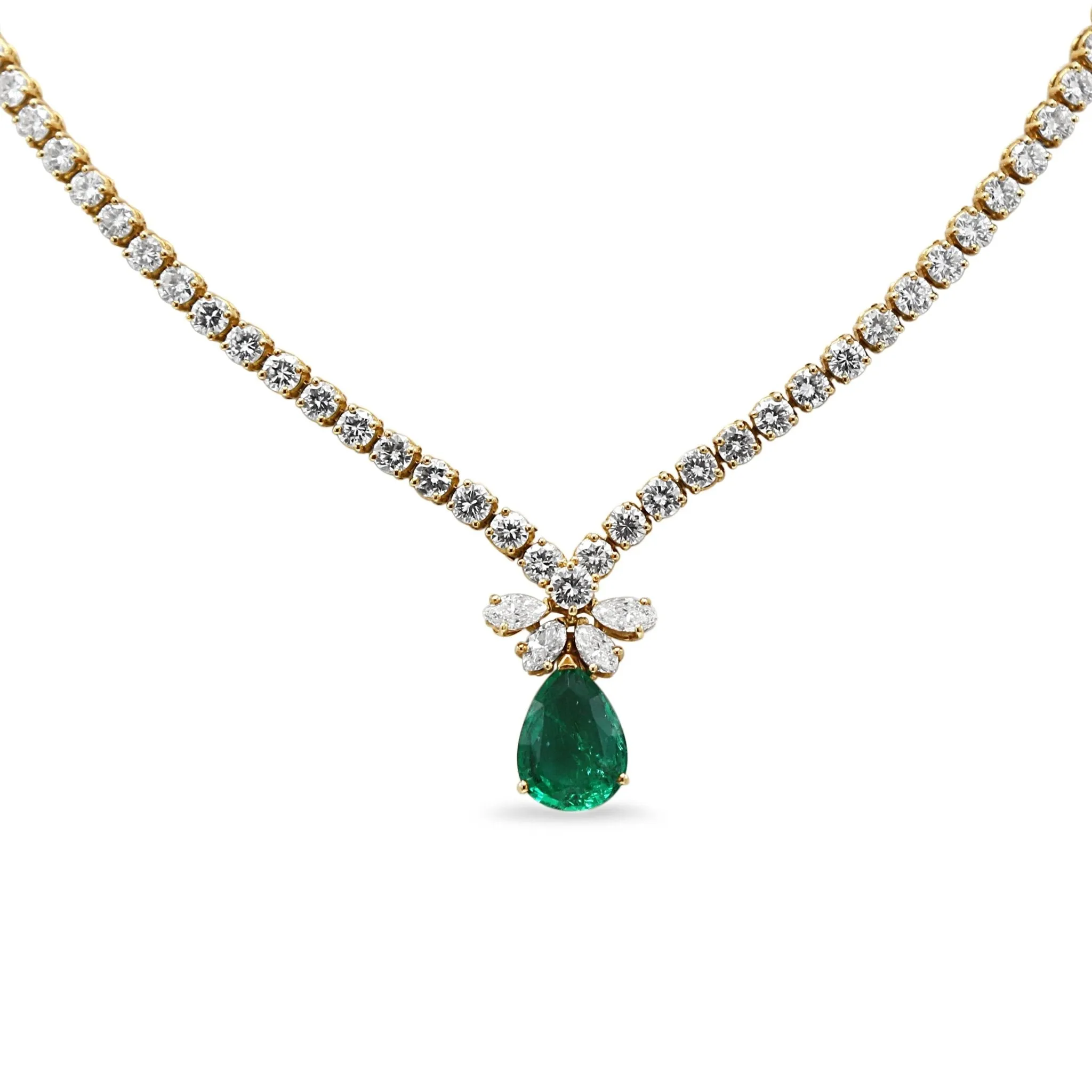 Diamond Necklace With Emerald & Diamond Intergrated Drop - by Fred
