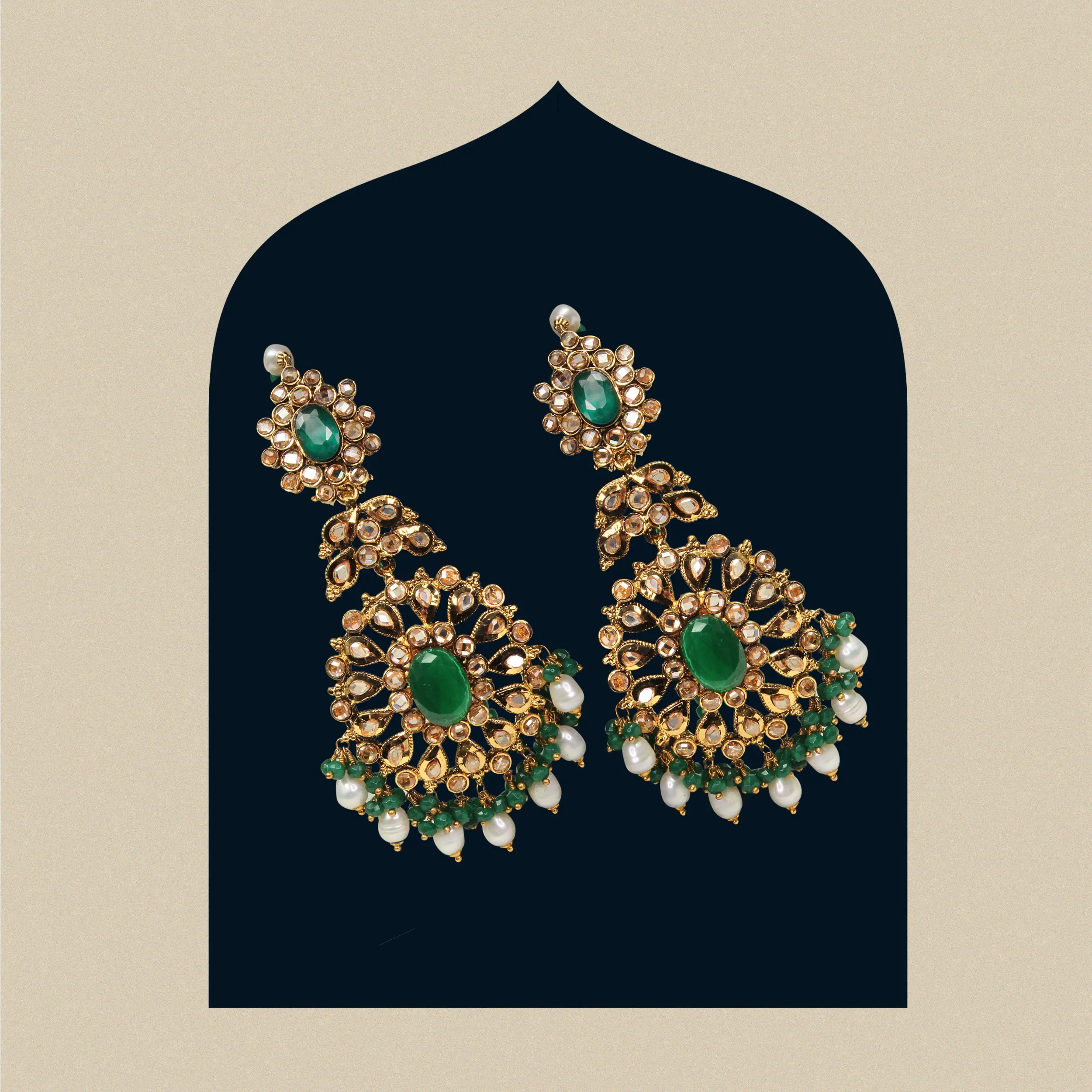 Earrings in Jade, Pearls and Polkies