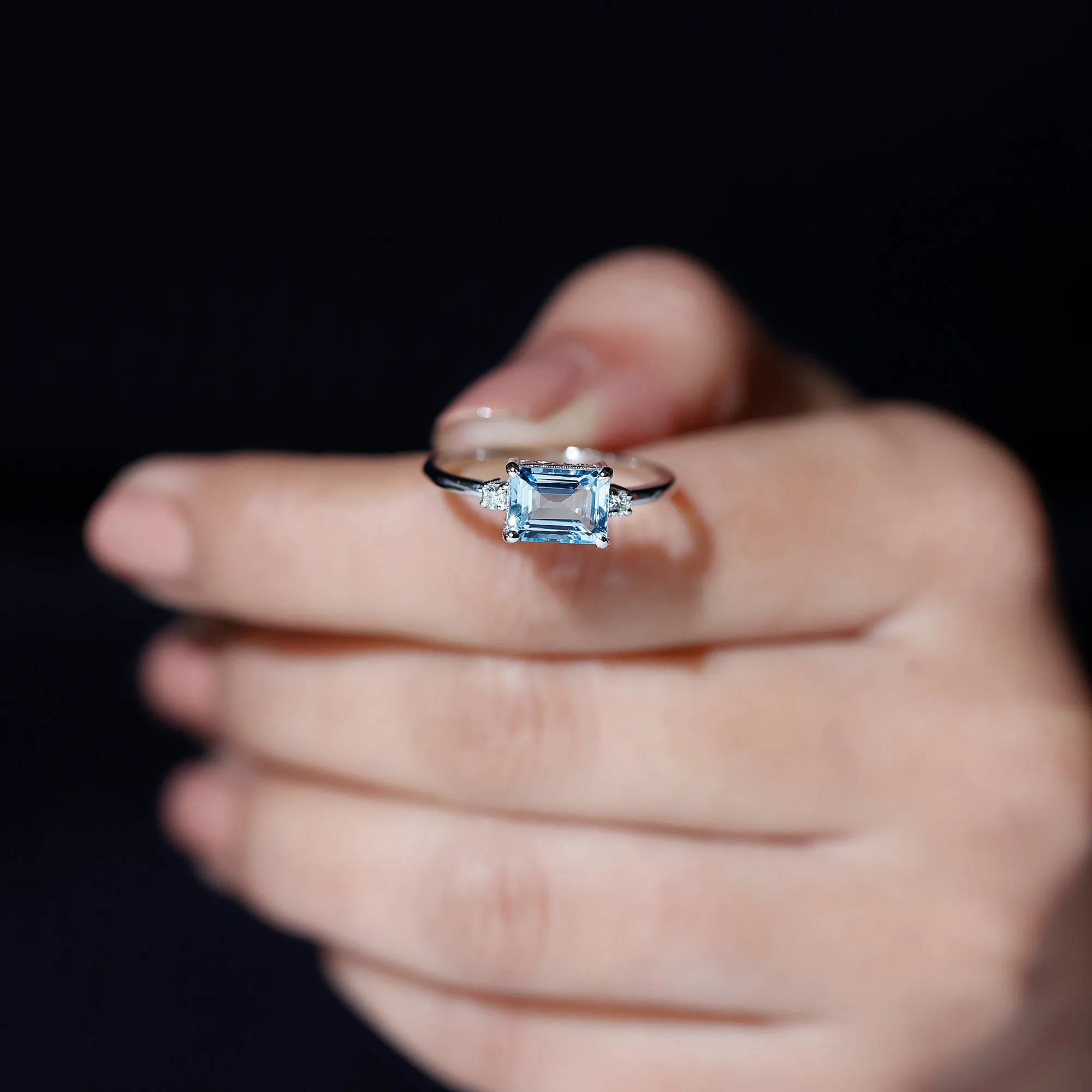 Emerald Cut Aquamarine Solitaire Engagement Ring in East West Style with Diamond