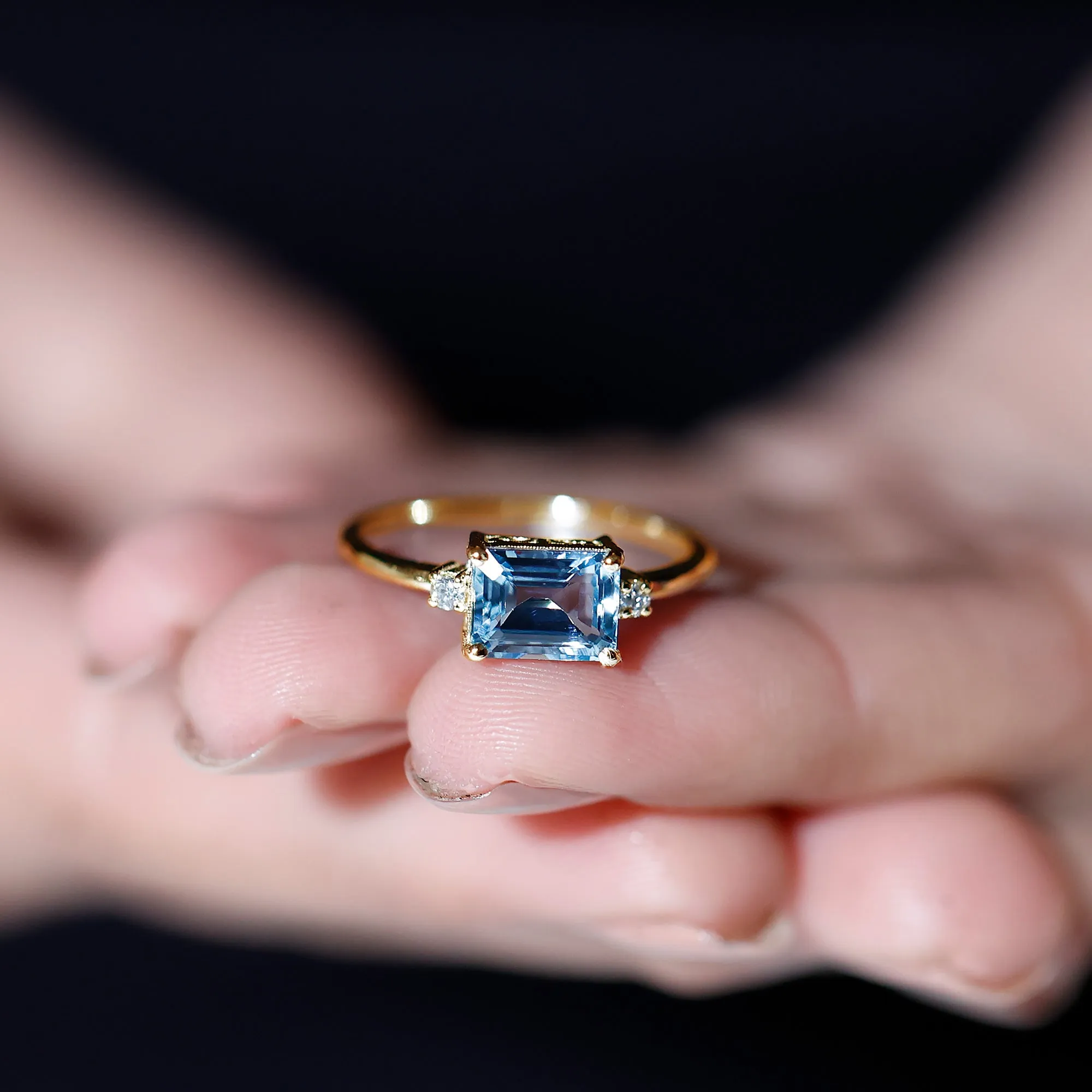Emerald Cut Aquamarine Solitaire Engagement Ring in East West Style with Diamond