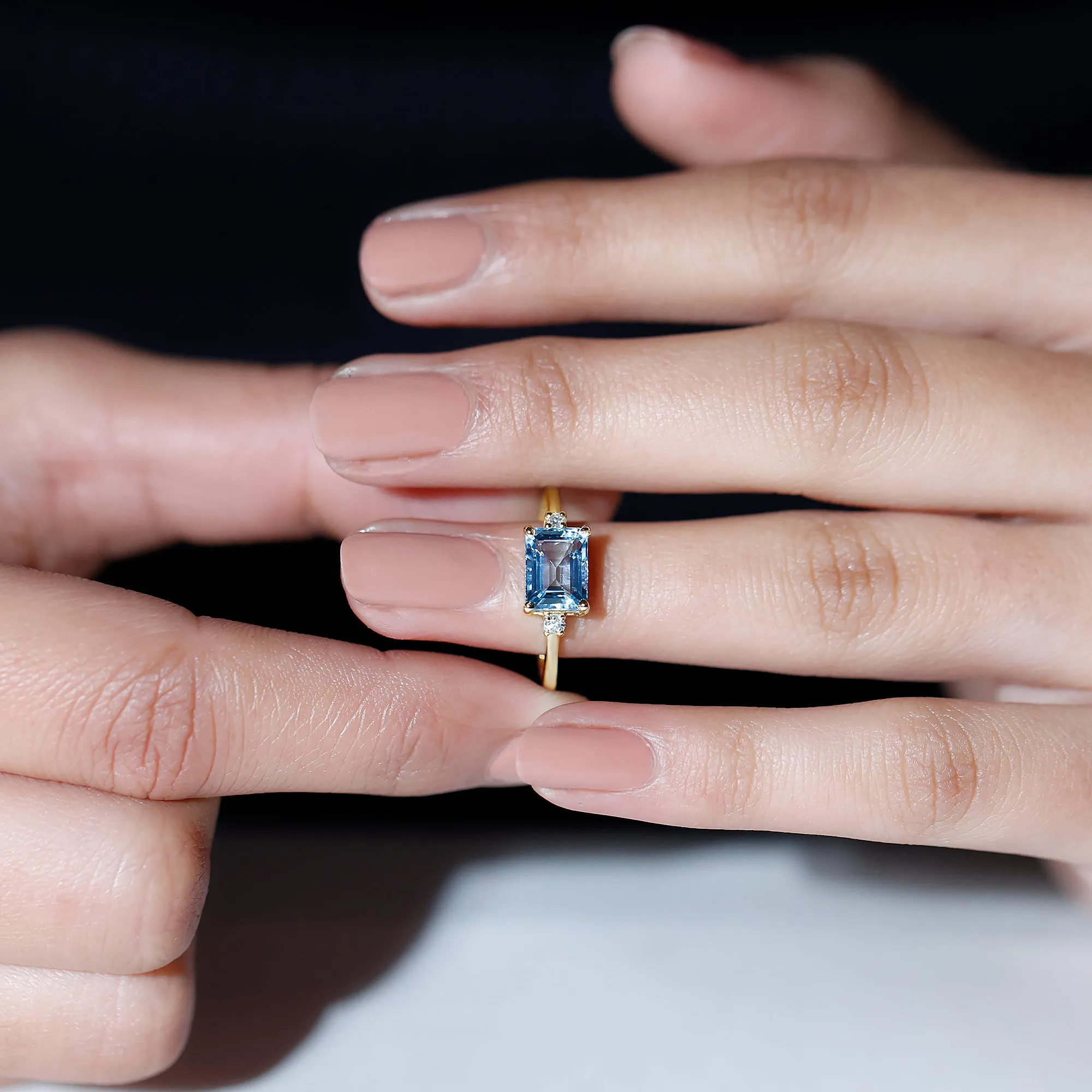 Emerald Cut Aquamarine Solitaire Engagement Ring in East West Style with Diamond