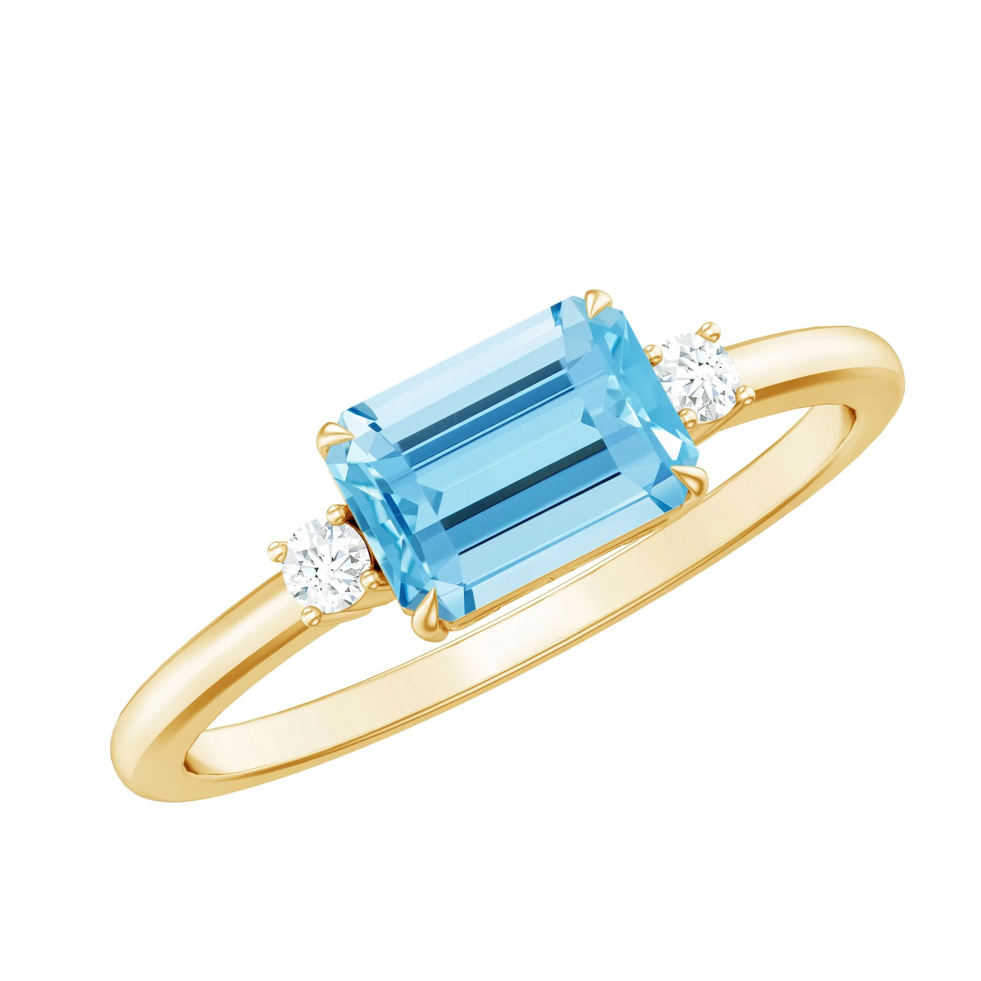 Emerald Cut Aquamarine Solitaire Engagement Ring in East West Style with Diamond