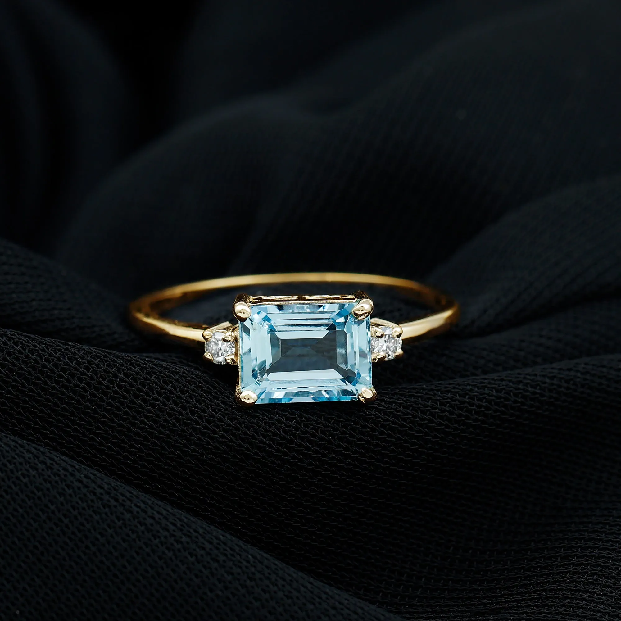 Emerald Cut Aquamarine Solitaire Engagement Ring in East West Style with Diamond