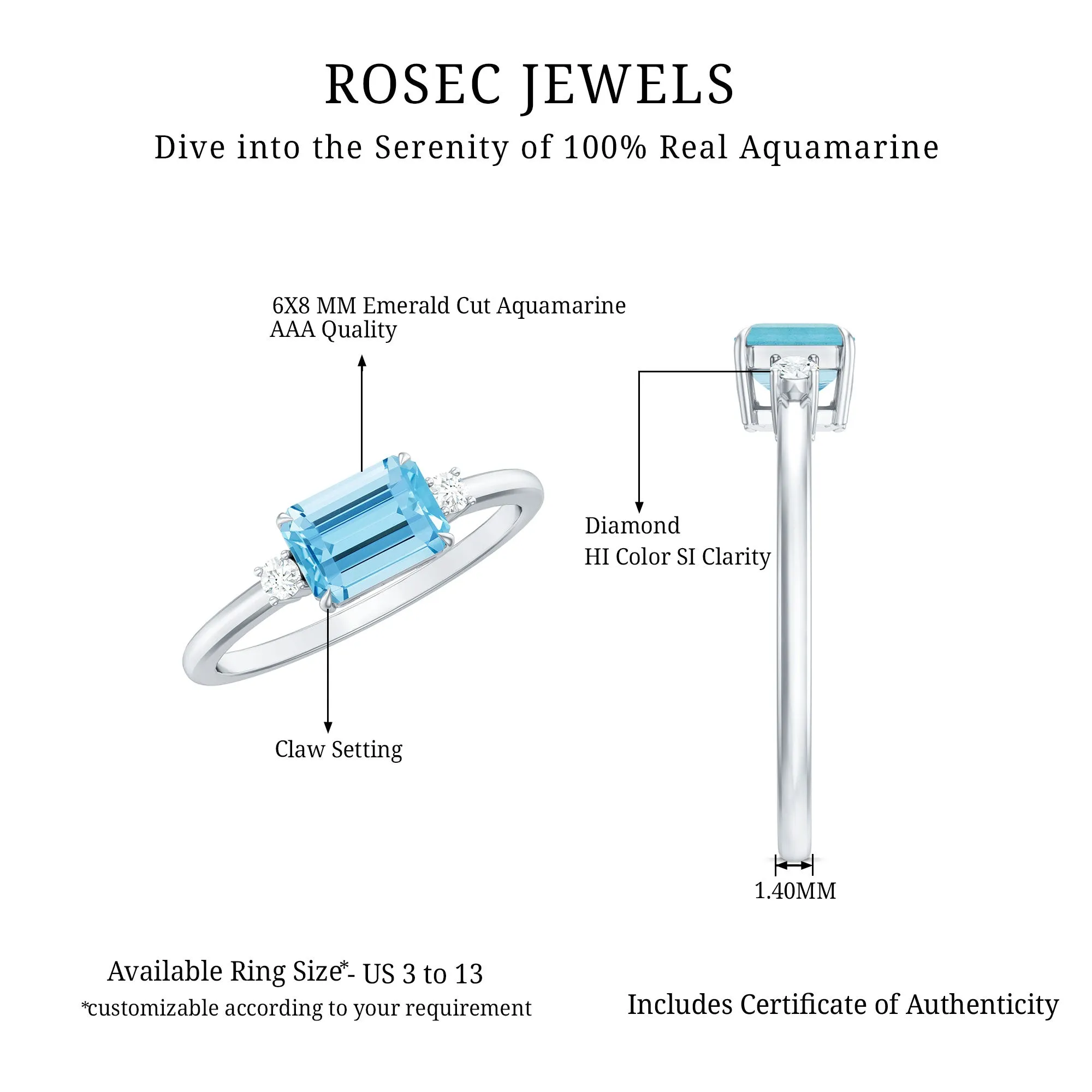 Emerald Cut Aquamarine Solitaire Engagement Ring in East West Style with Diamond