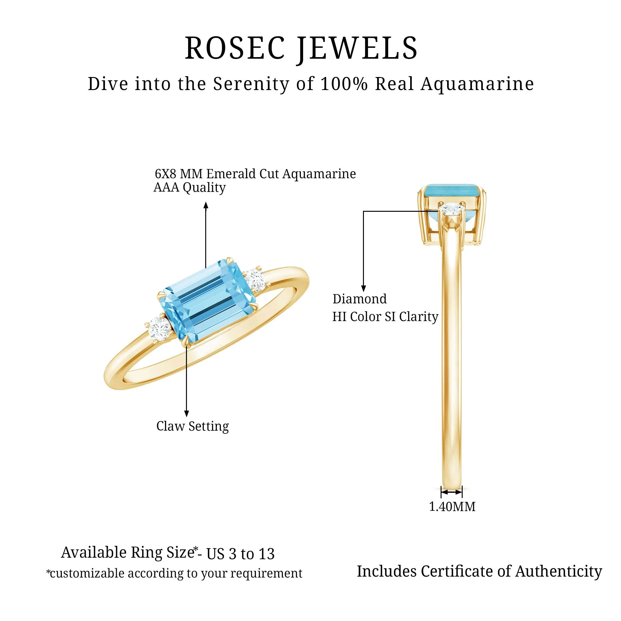 Emerald Cut Aquamarine Solitaire Engagement Ring in East West Style with Diamond