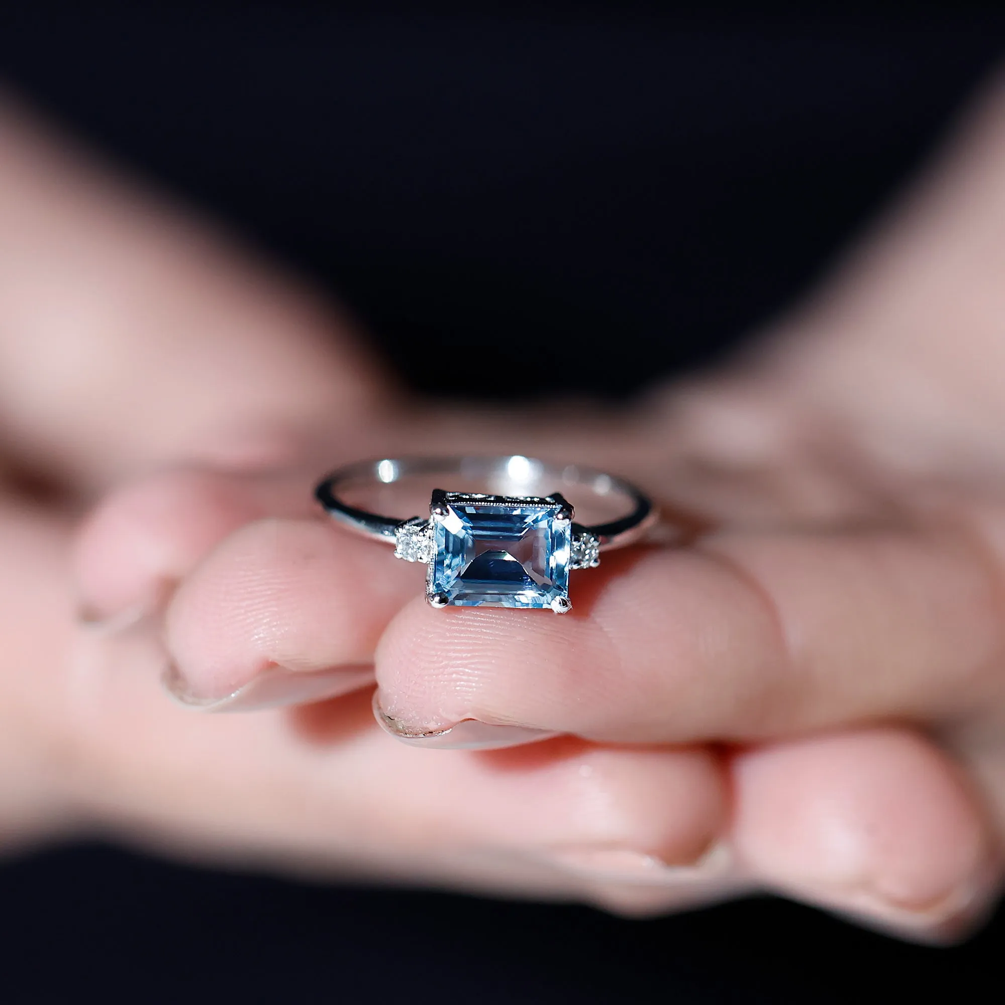 Emerald Cut Aquamarine Solitaire Engagement Ring in East West Style with Diamond