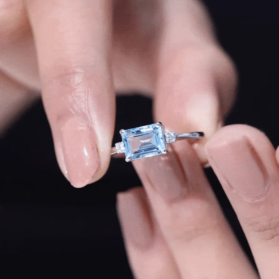 Emerald Cut Aquamarine Solitaire Engagement Ring in East West Style with Diamond