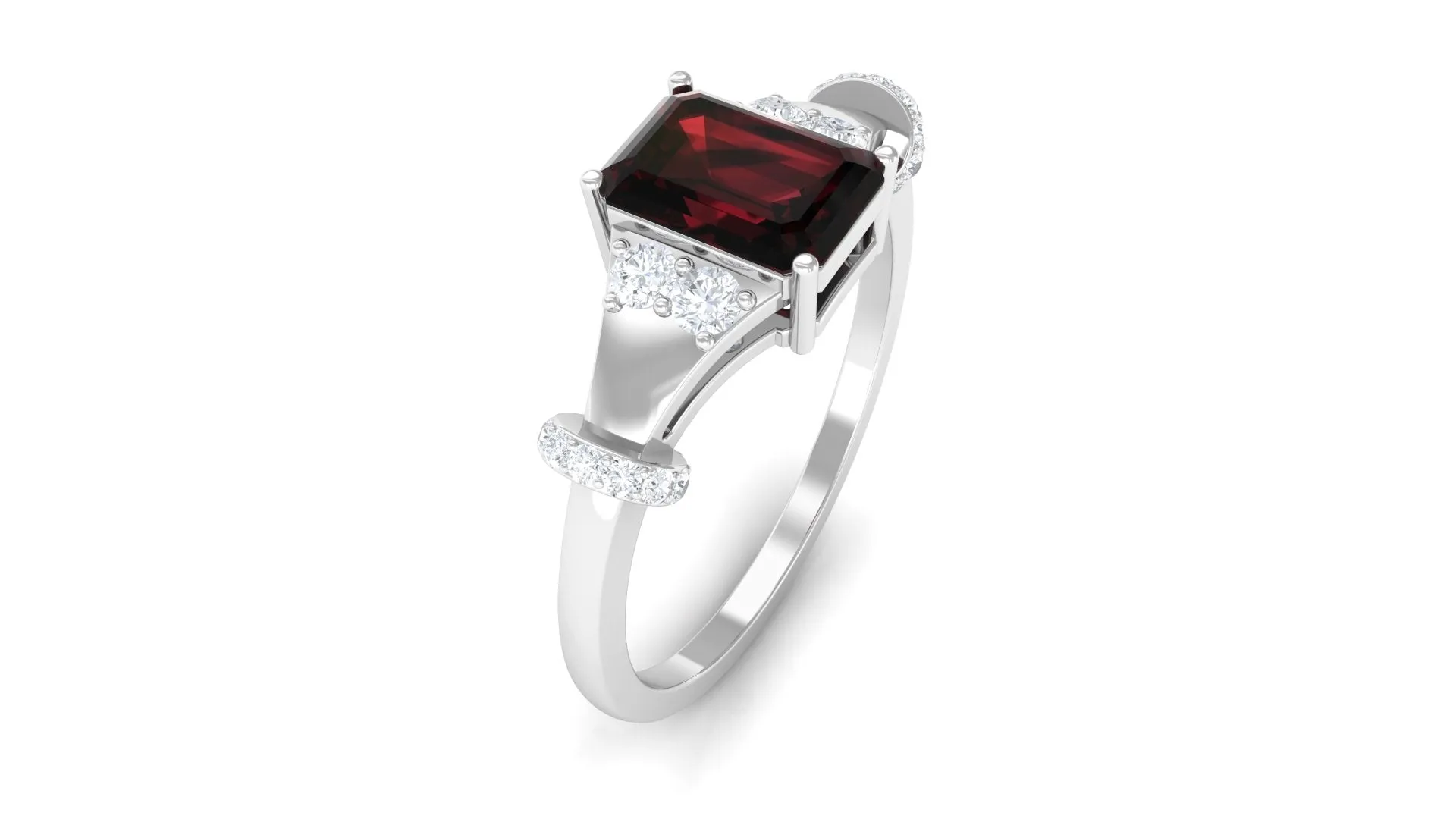 Emerald Cut Solitaire Garnet Designer Engagement Ring with Diamond