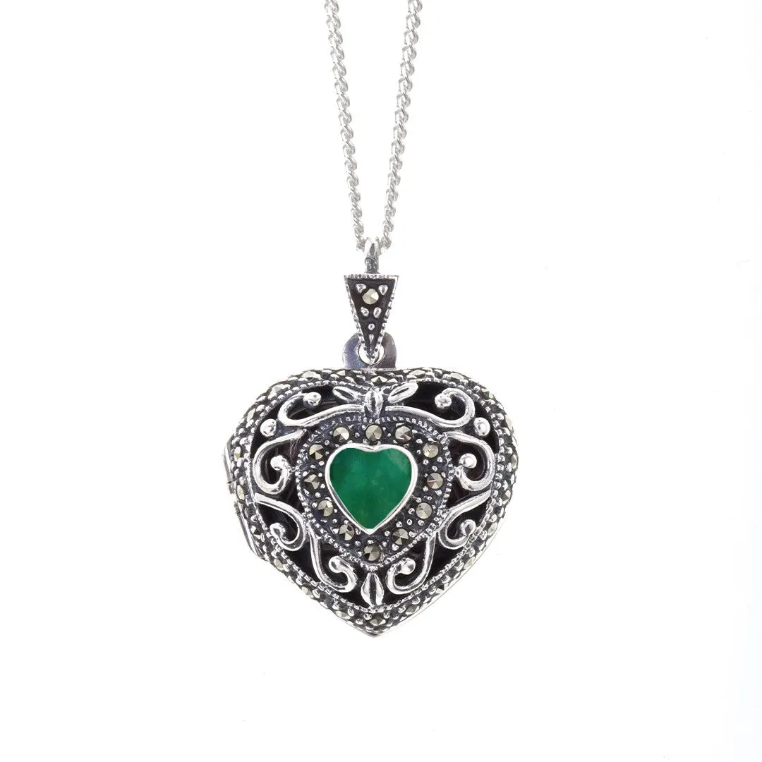 Emerald Vintage Heart Locket | White Gold