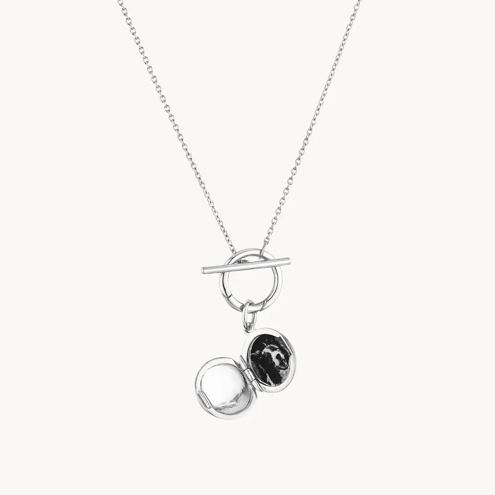 Engravable Round Locket Fob Chain Necklace in Silver