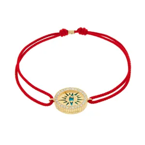 Eye Medallion with White Diamonds and Turquoise on a Red Cord Bracelet