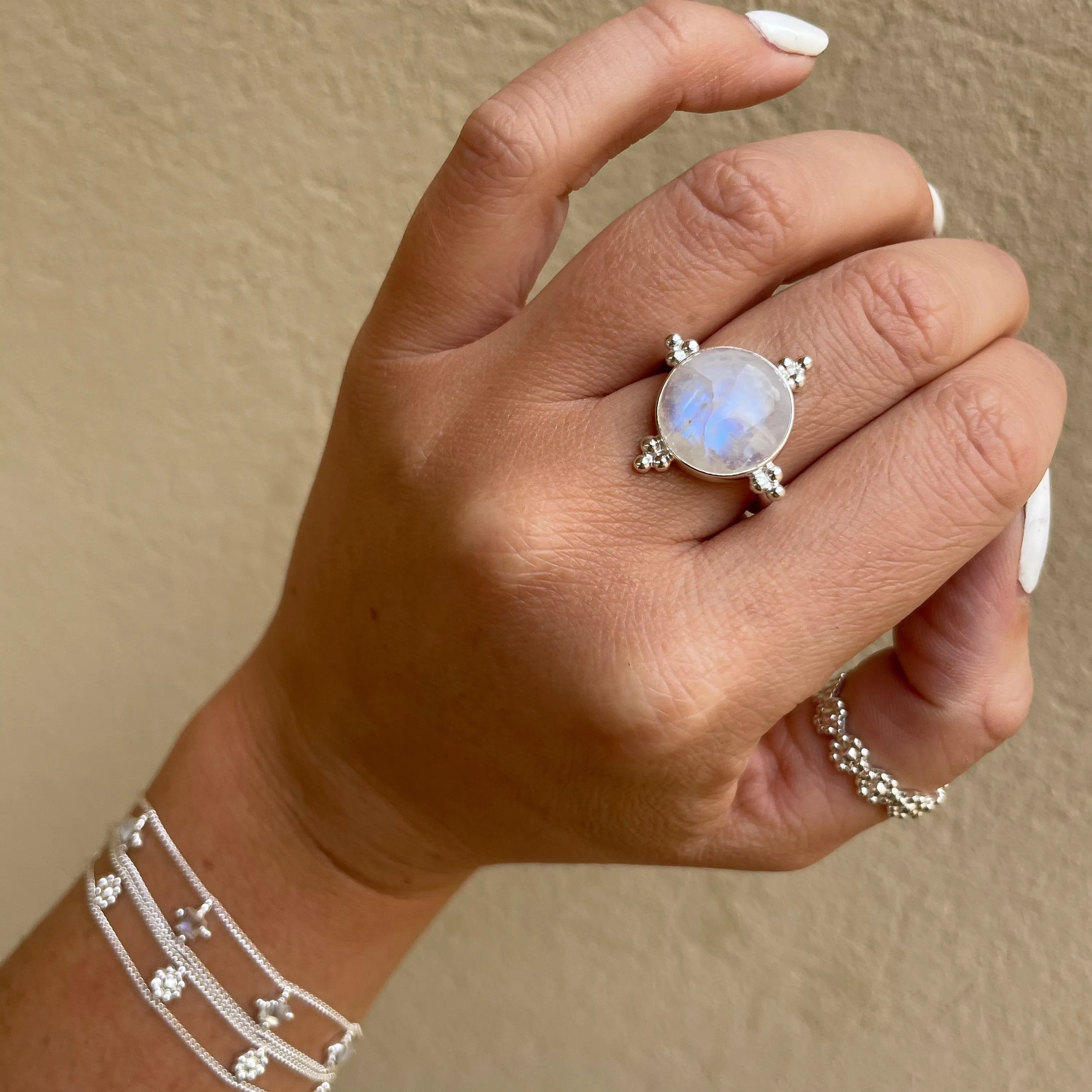 Full Moon Sterling Silver Rainbow Moonstone Ring