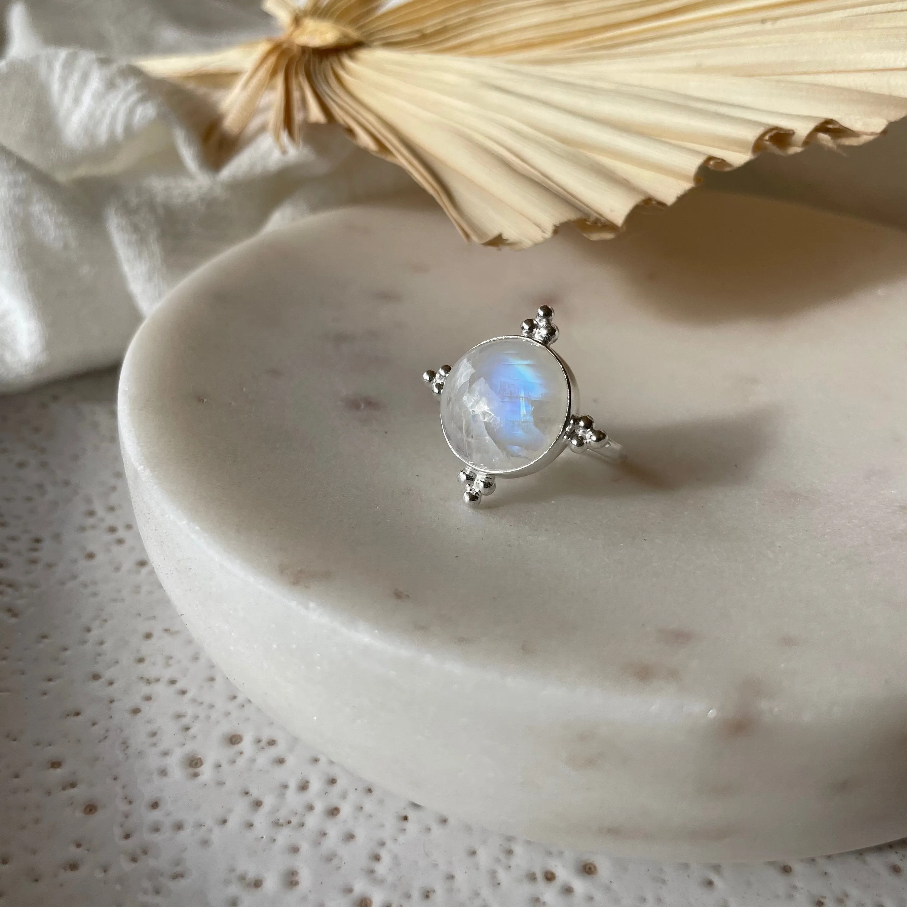 Full Moon Sterling Silver Rainbow Moonstone Ring
