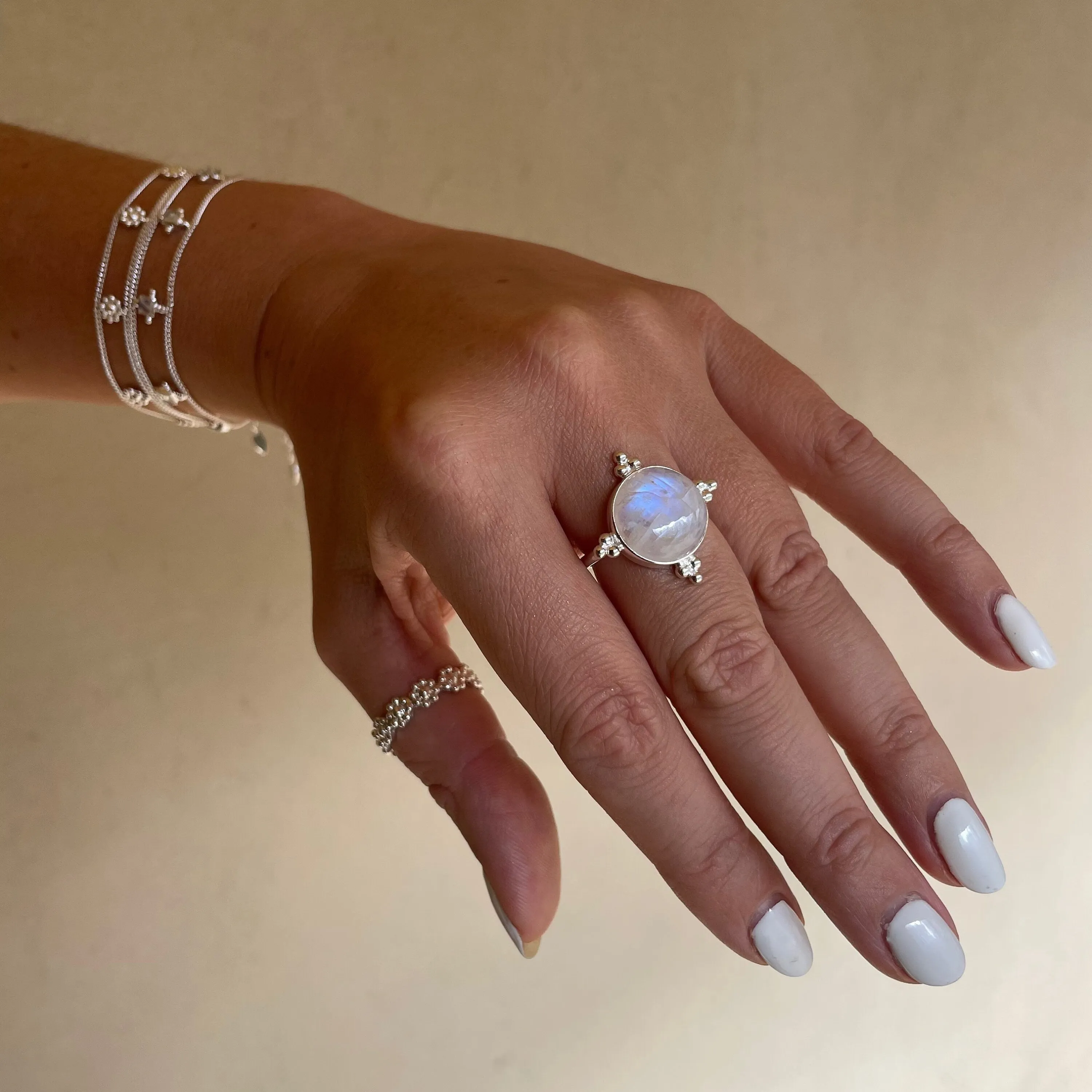Full Moon Sterling Silver Rainbow Moonstone Ring