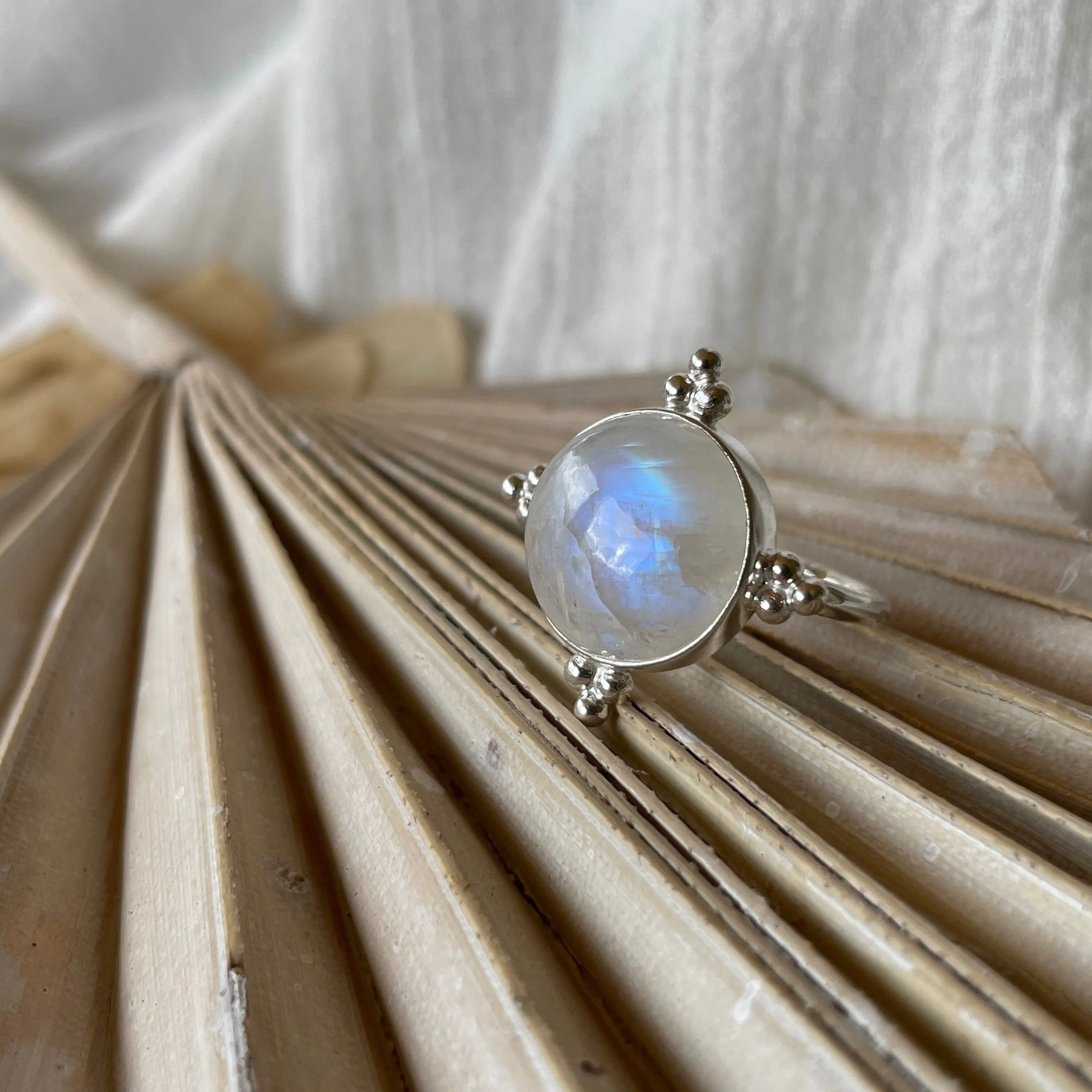 Full Moon Sterling Silver Rainbow Moonstone Ring