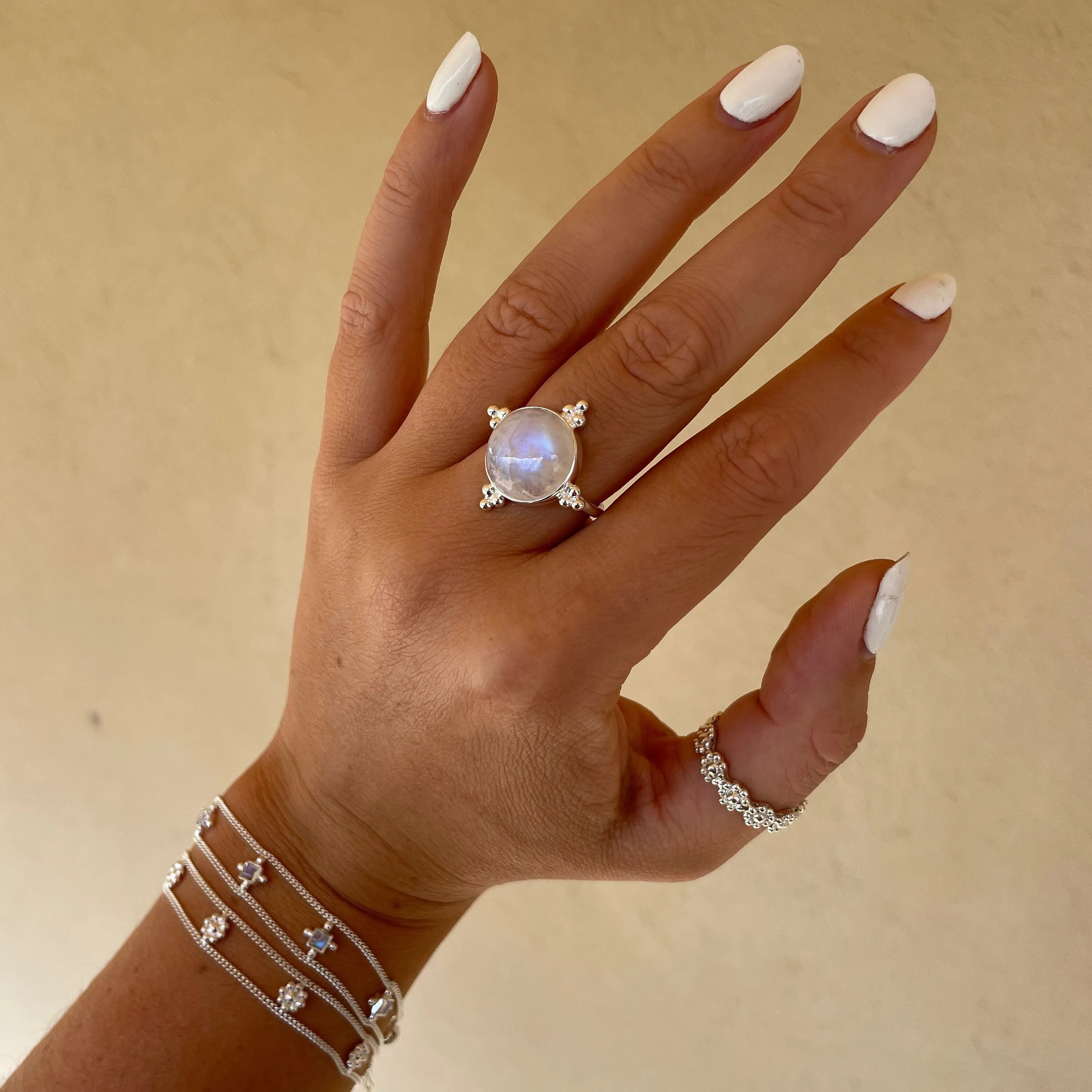 Full Moon Sterling Silver Rainbow Moonstone Ring
