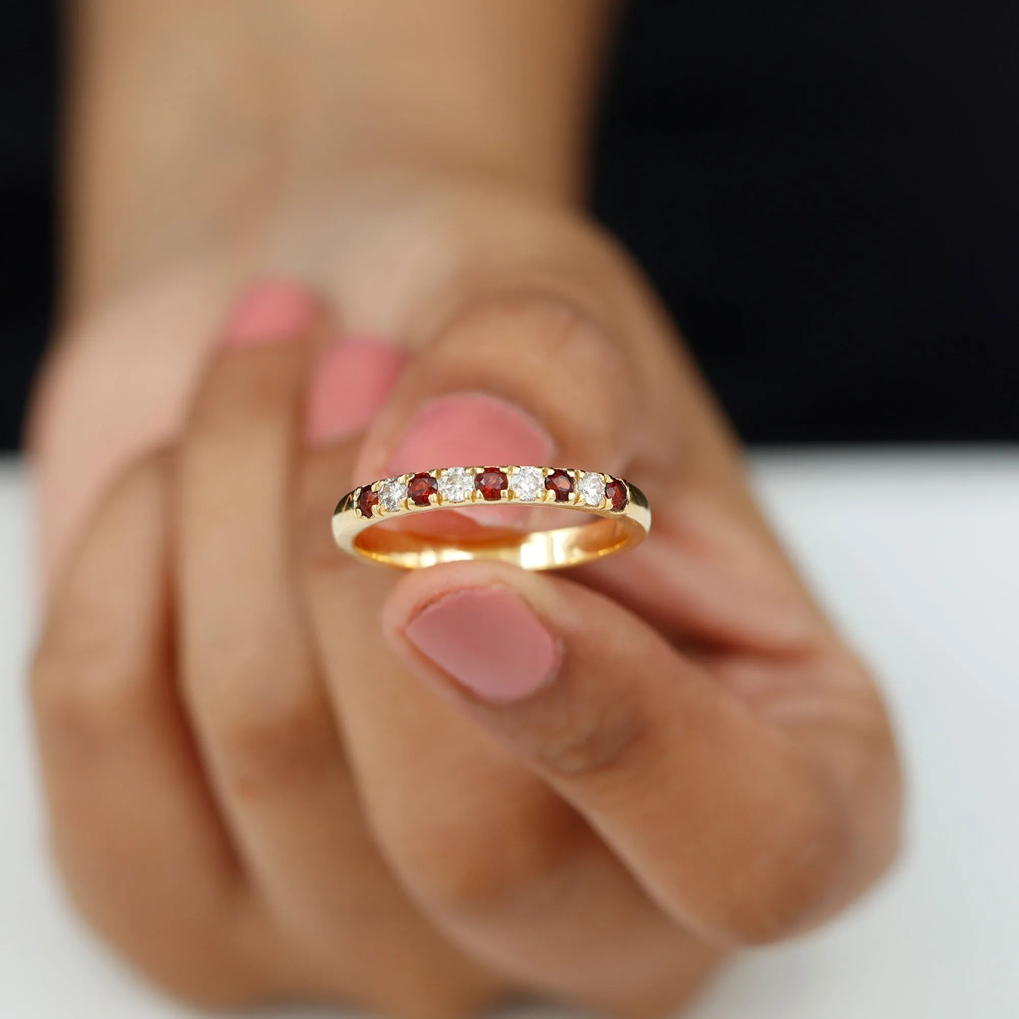 Garnet and Diamond Half Eternity Band Ring