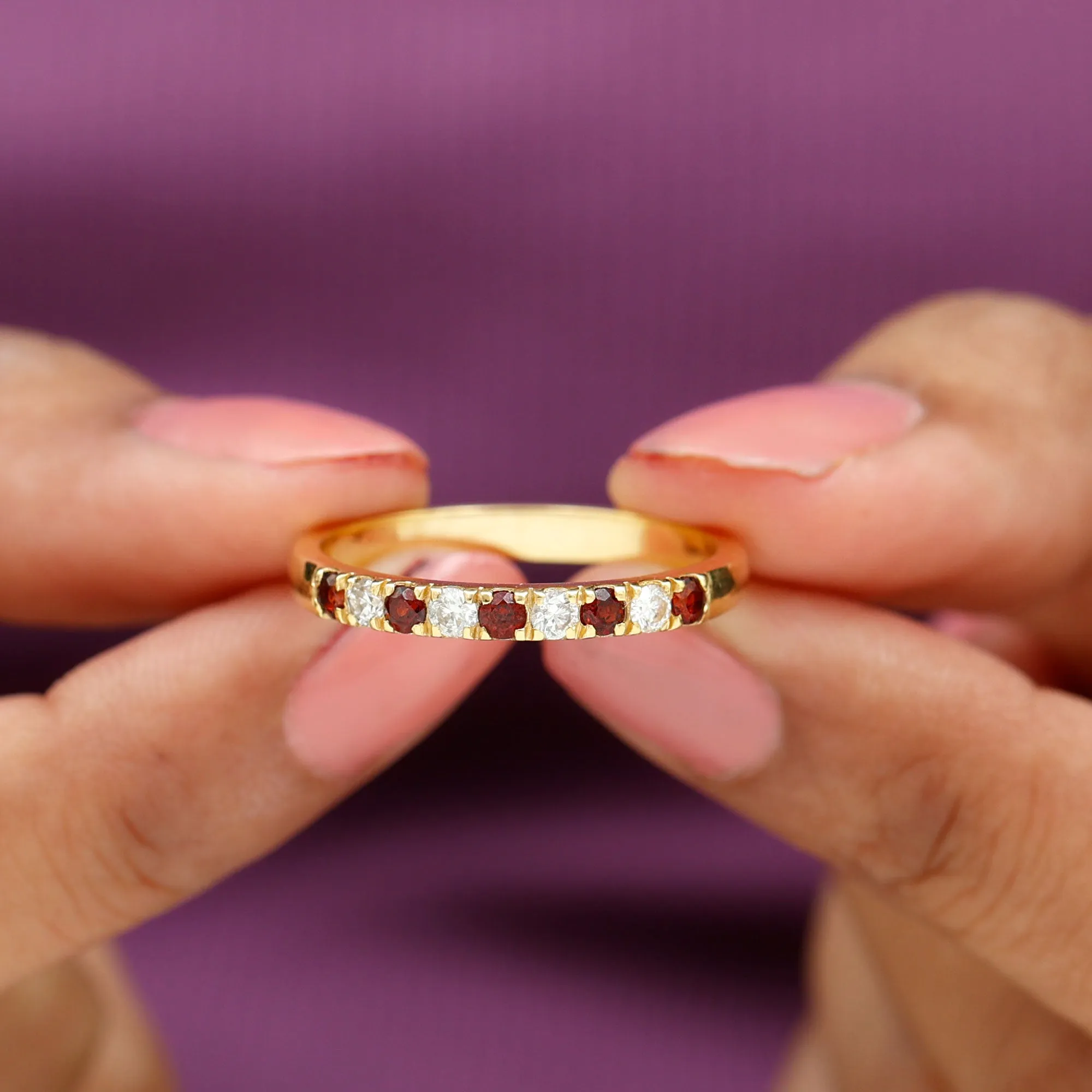 Garnet and Diamond Half Eternity Band Ring