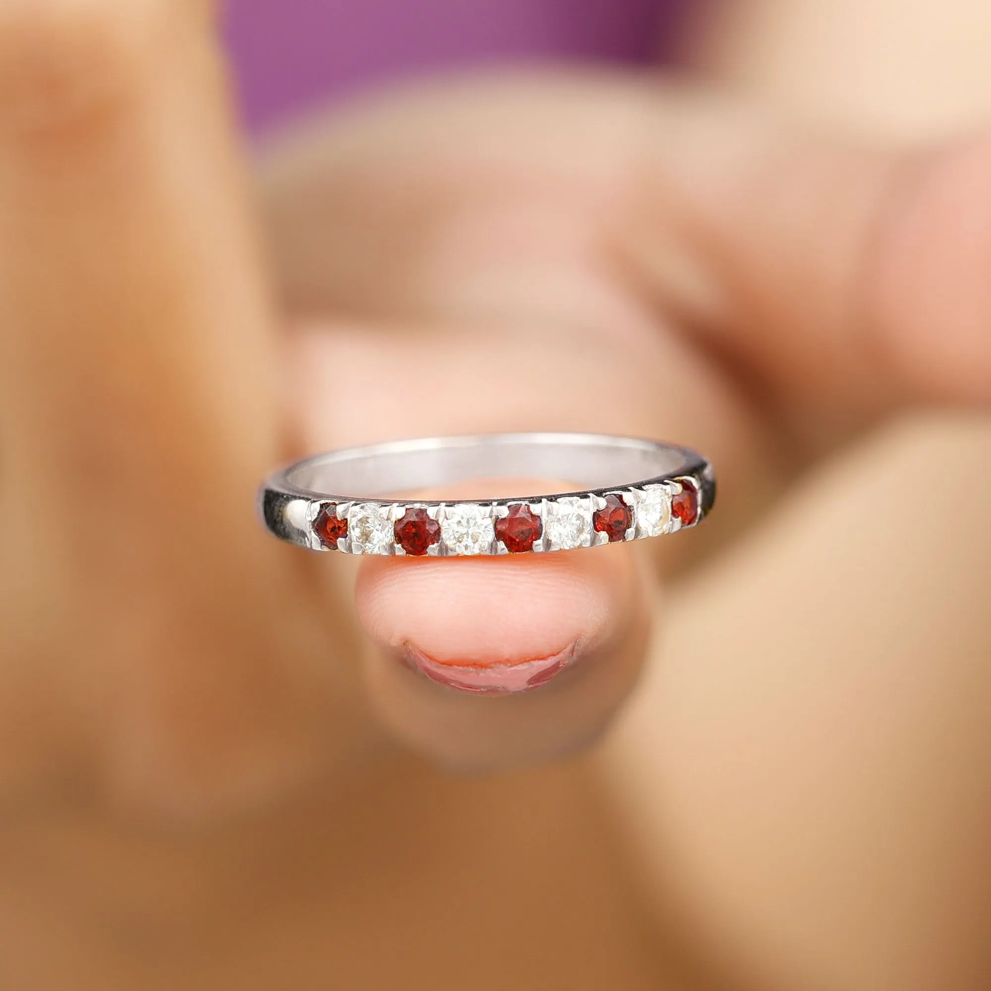 Garnet and Diamond Half Eternity Band Ring