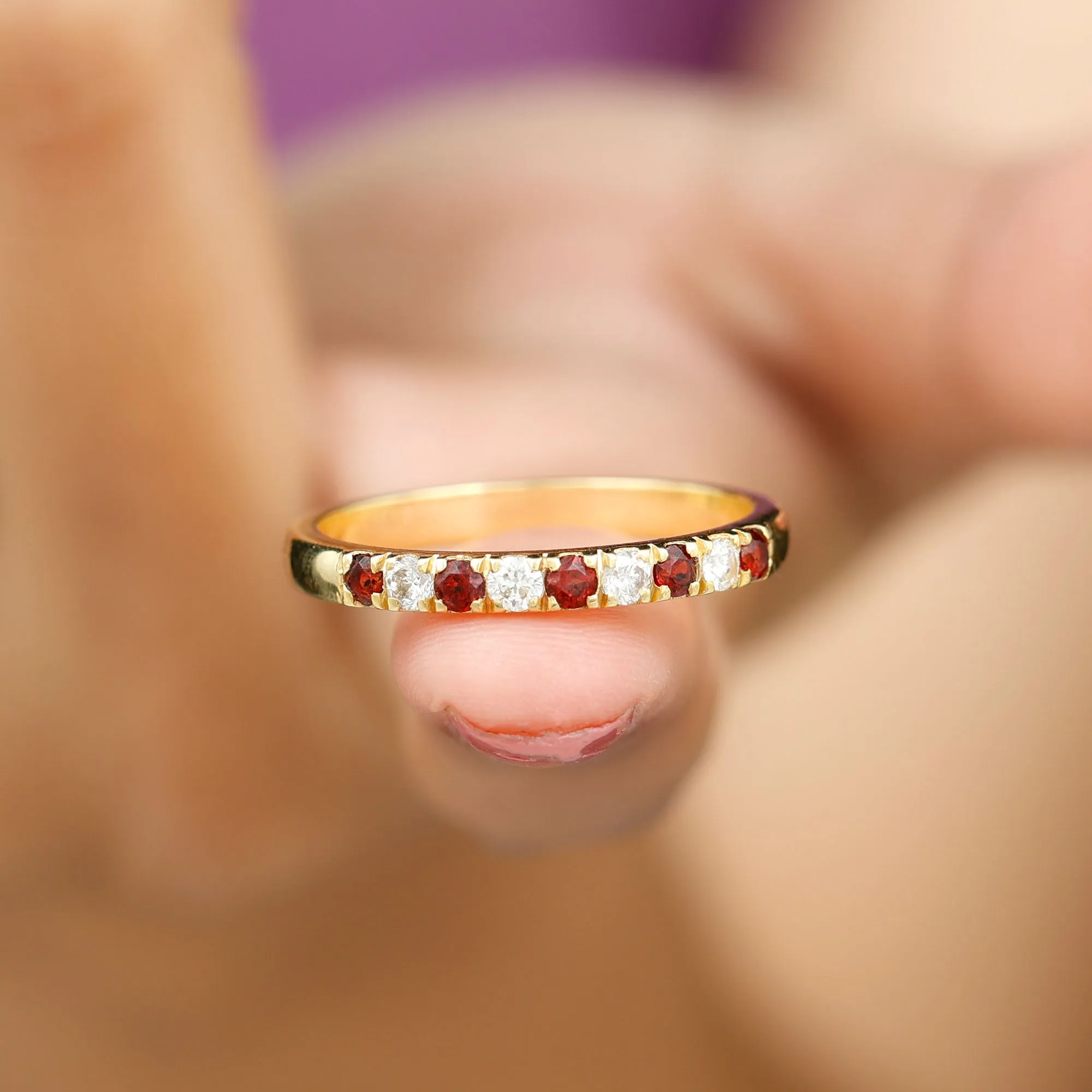 Garnet and Diamond Half Eternity Band Ring
