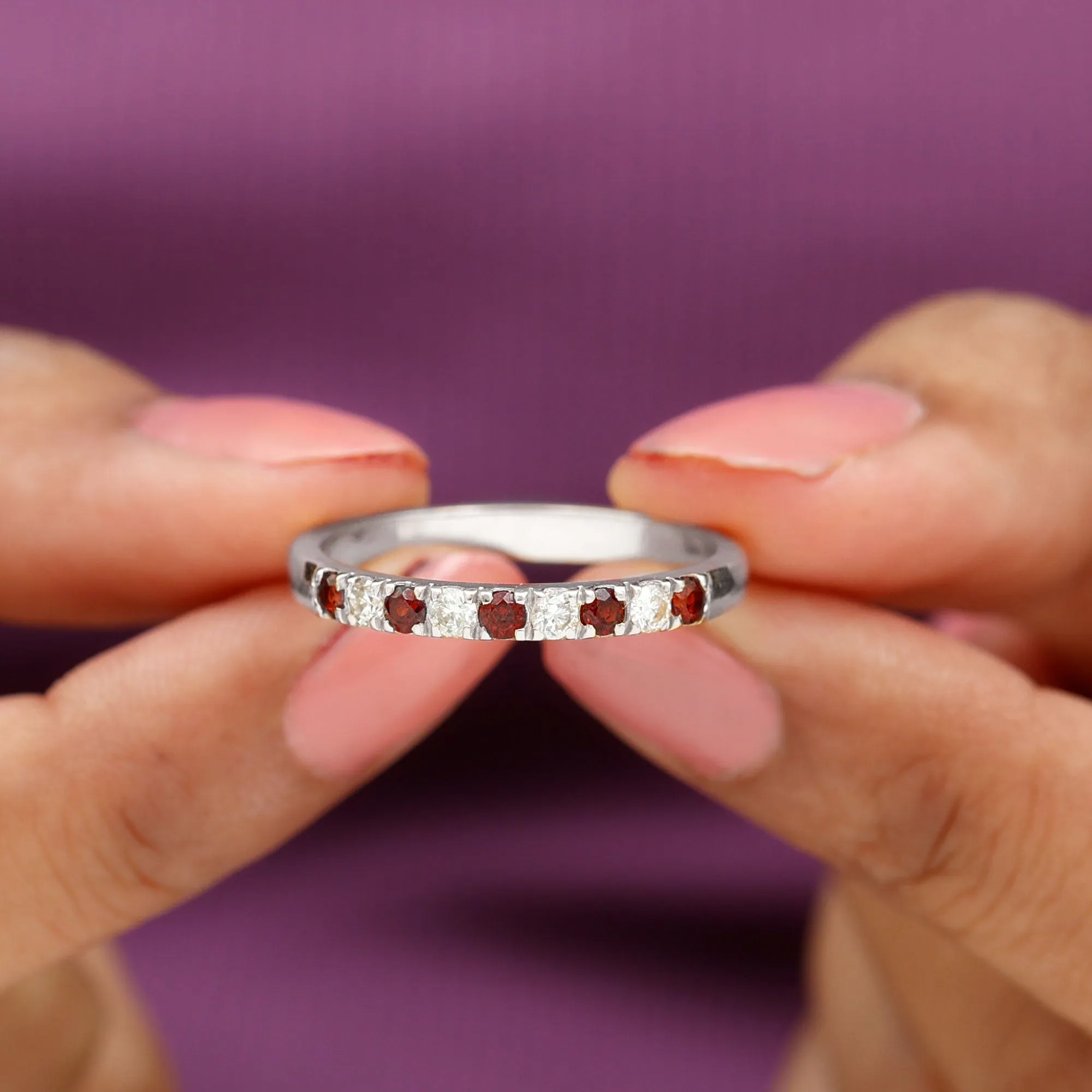 Garnet and Diamond Half Eternity Band Ring