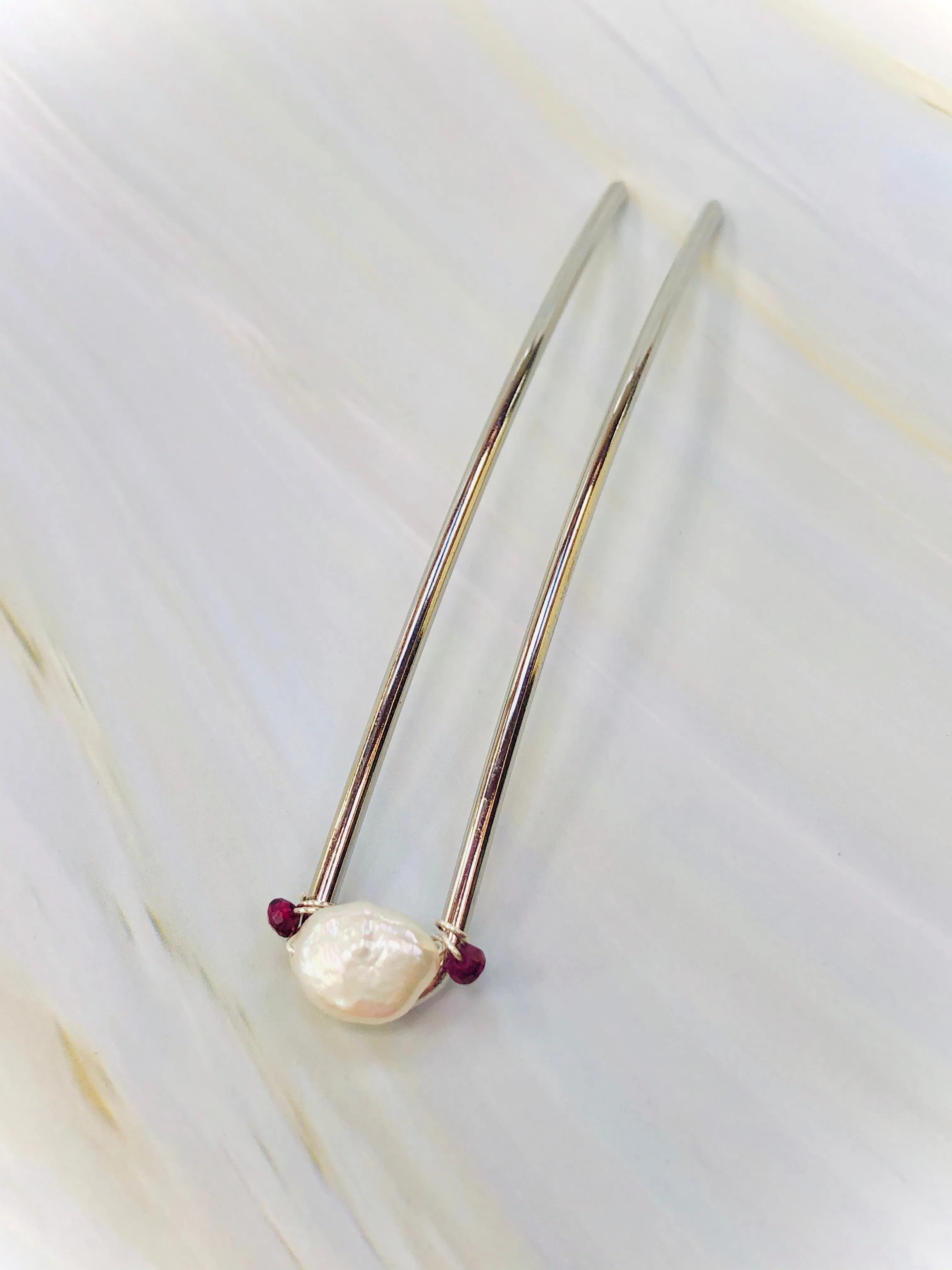Garnet and Pearl Hair Pin, Wedding Hair Pin Bridal Hair Pin, Gold Wedding hair stick