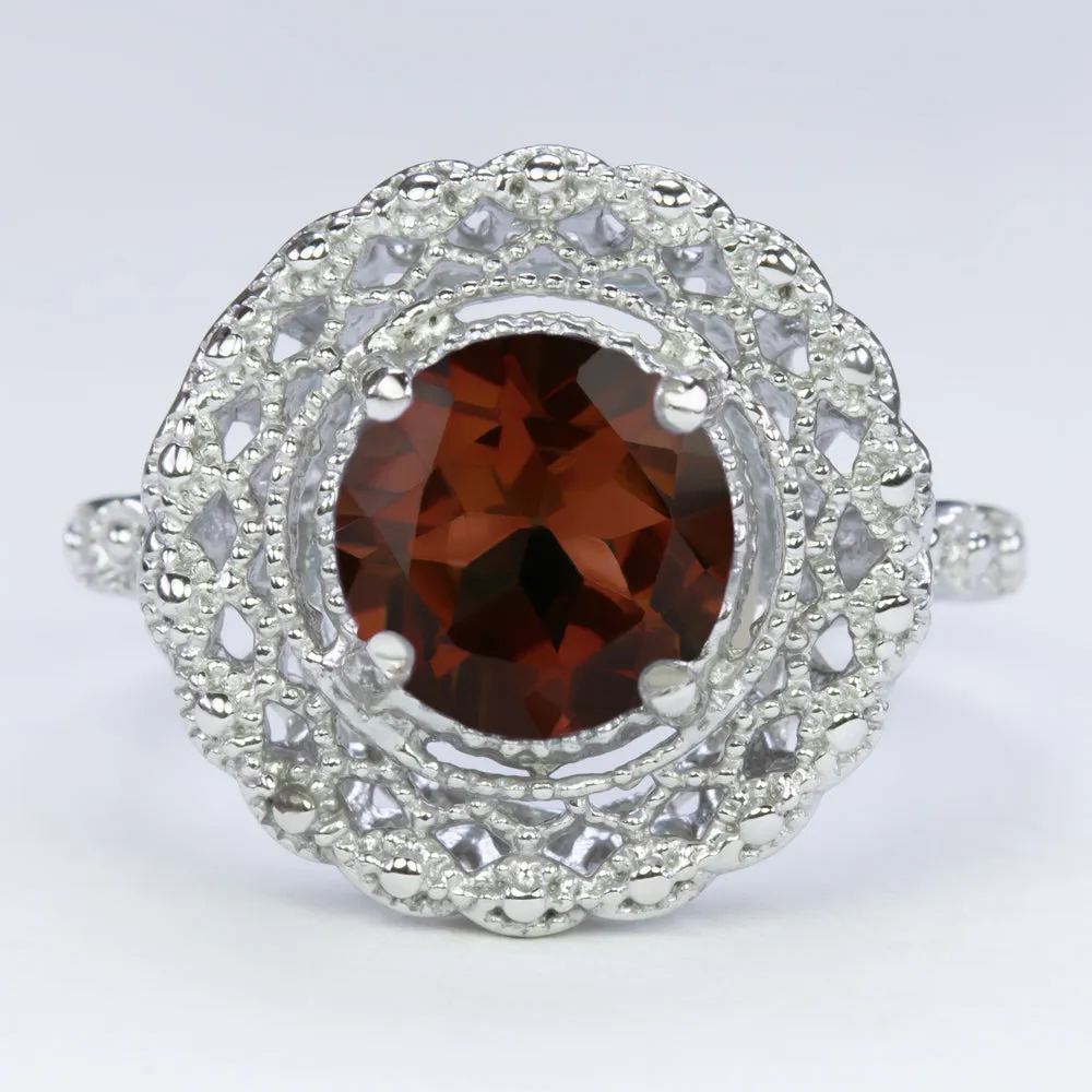 GARNET STERLING SILVER RING VINTAGE STYLE FILIGREE HALO ROUND CUT ART DECO RED