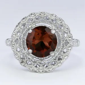 GARNET STERLING SILVER RING VINTAGE STYLE FILIGREE HALO ROUND CUT ART DECO RED