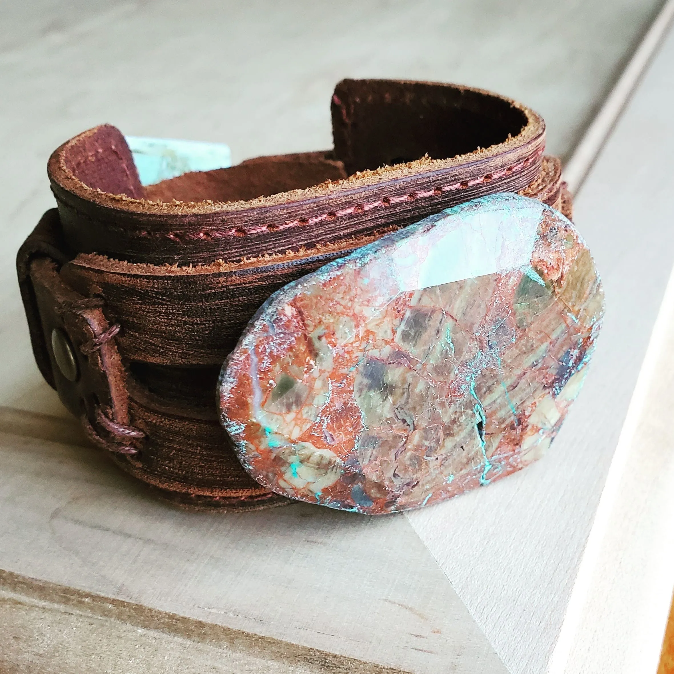 Genuine Leather Wide Cuff Bracelet w/ Ocean Agate Slab 004C