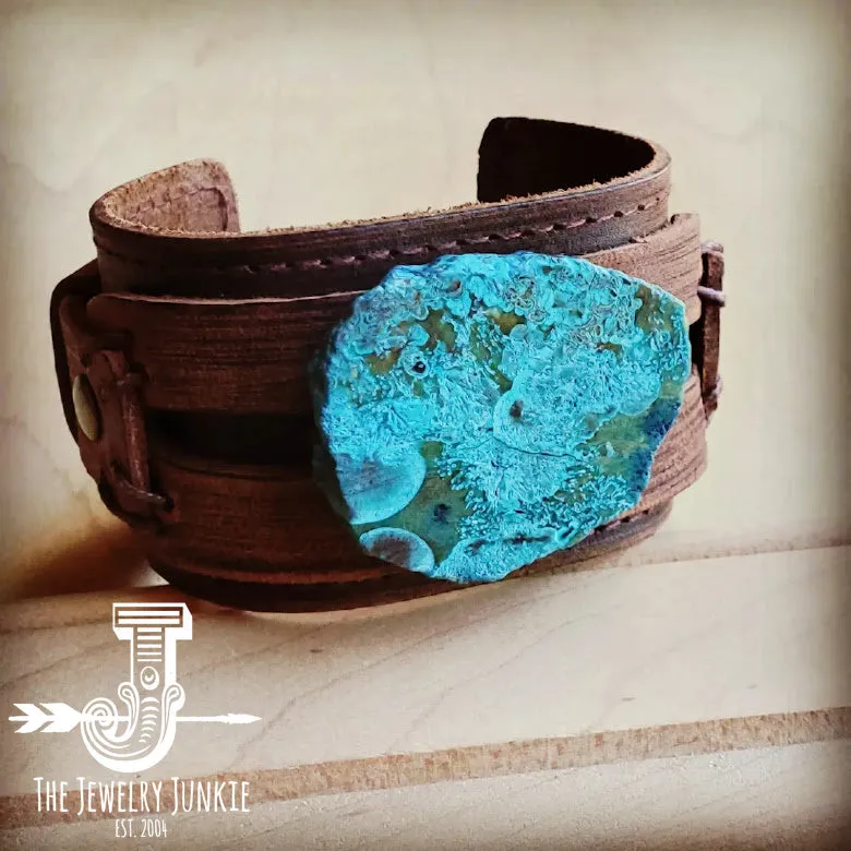 Genuine Leather Wide Cuff Bracelet w/ Ocean Agate Slab 004C