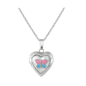 Girl's Sterling Silver Mother of Pearl Butterfly Heart Locket Necklace (15 in)