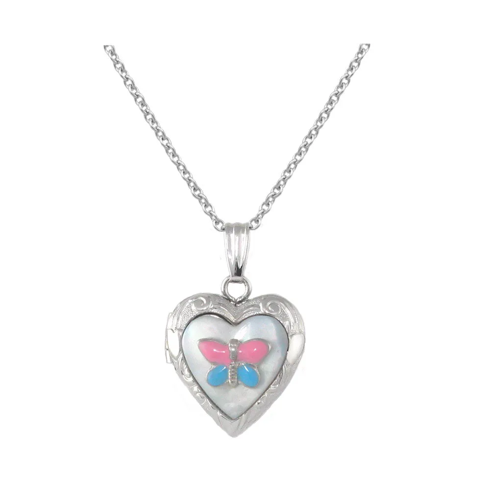 Girl's Sterling Silver Mother of Pearl Butterfly Heart Locket Necklace (15 in)