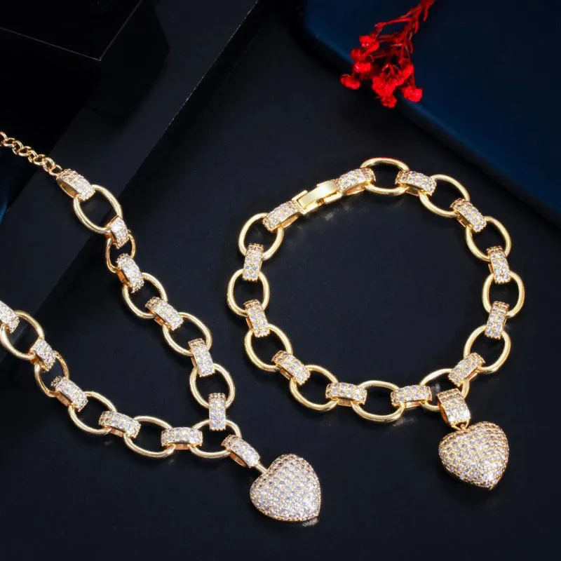 Glamorous Zircon Bejeweled Dangle Heart Charm Necklace and Bracelet Jewelry