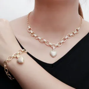 Glamorous Zircon Bejeweled Dangle Heart Charm Necklace and Bracelet Jewelry