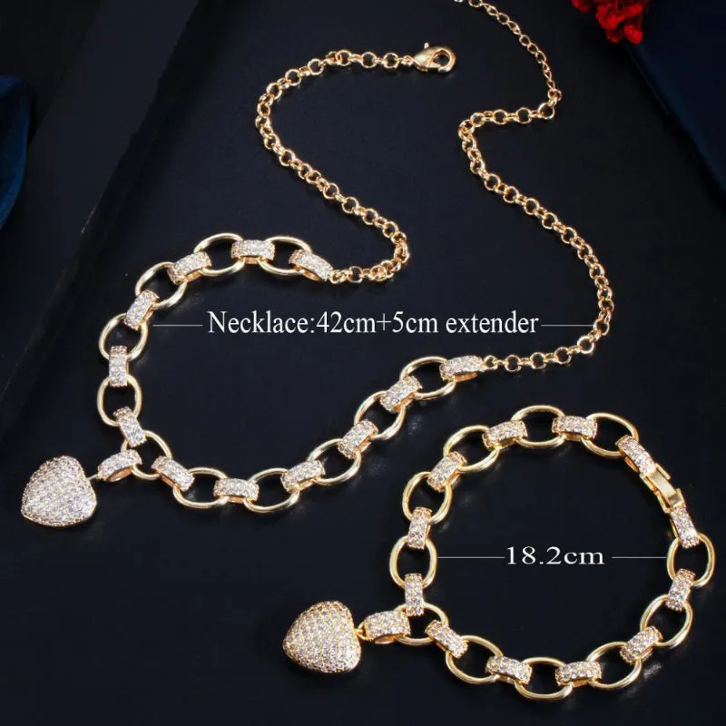 Glamorous Zircon Bejeweled Dangle Heart Charm Necklace and Bracelet Jewelry