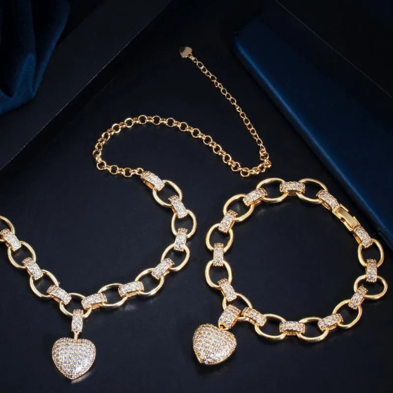 Glamorous Zircon Bejeweled Dangle Heart Charm Necklace and Bracelet Jewelry