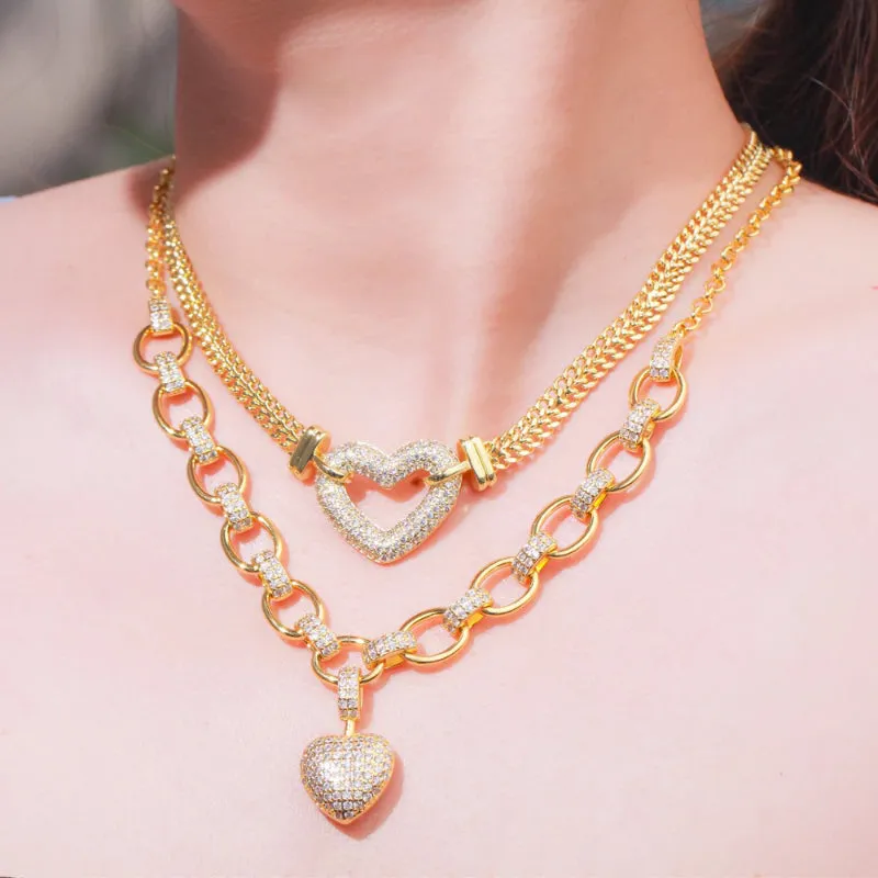Glamorous Zircon Bejeweled Dangle Heart Charm Necklace and Bracelet Jewelry