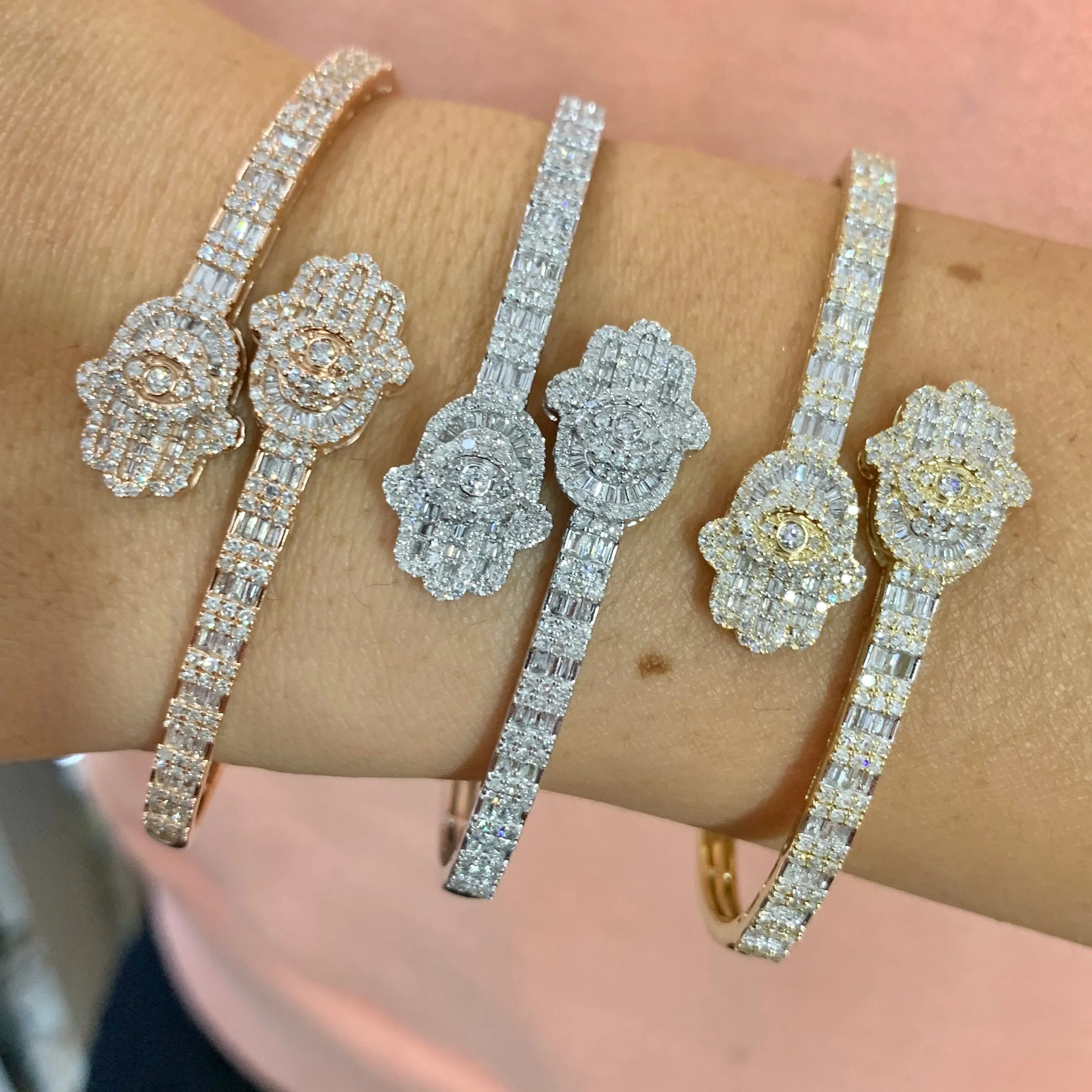 Gold and Diamond Twin Hamsas Cuff Bracelet (choose your color)