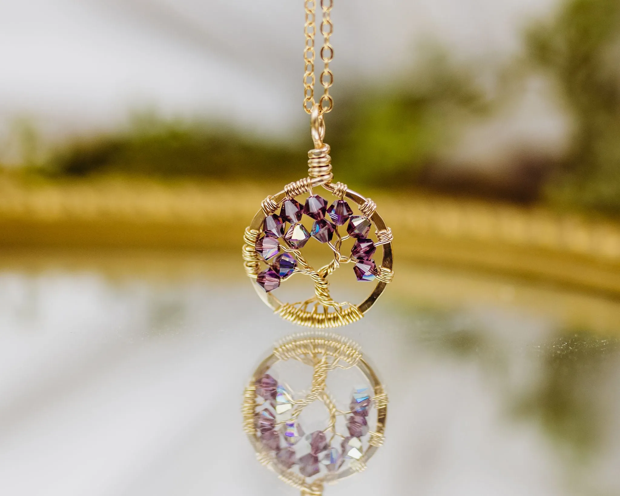 Gold Aquamarine Tree of Life Crystal Necklace (March)