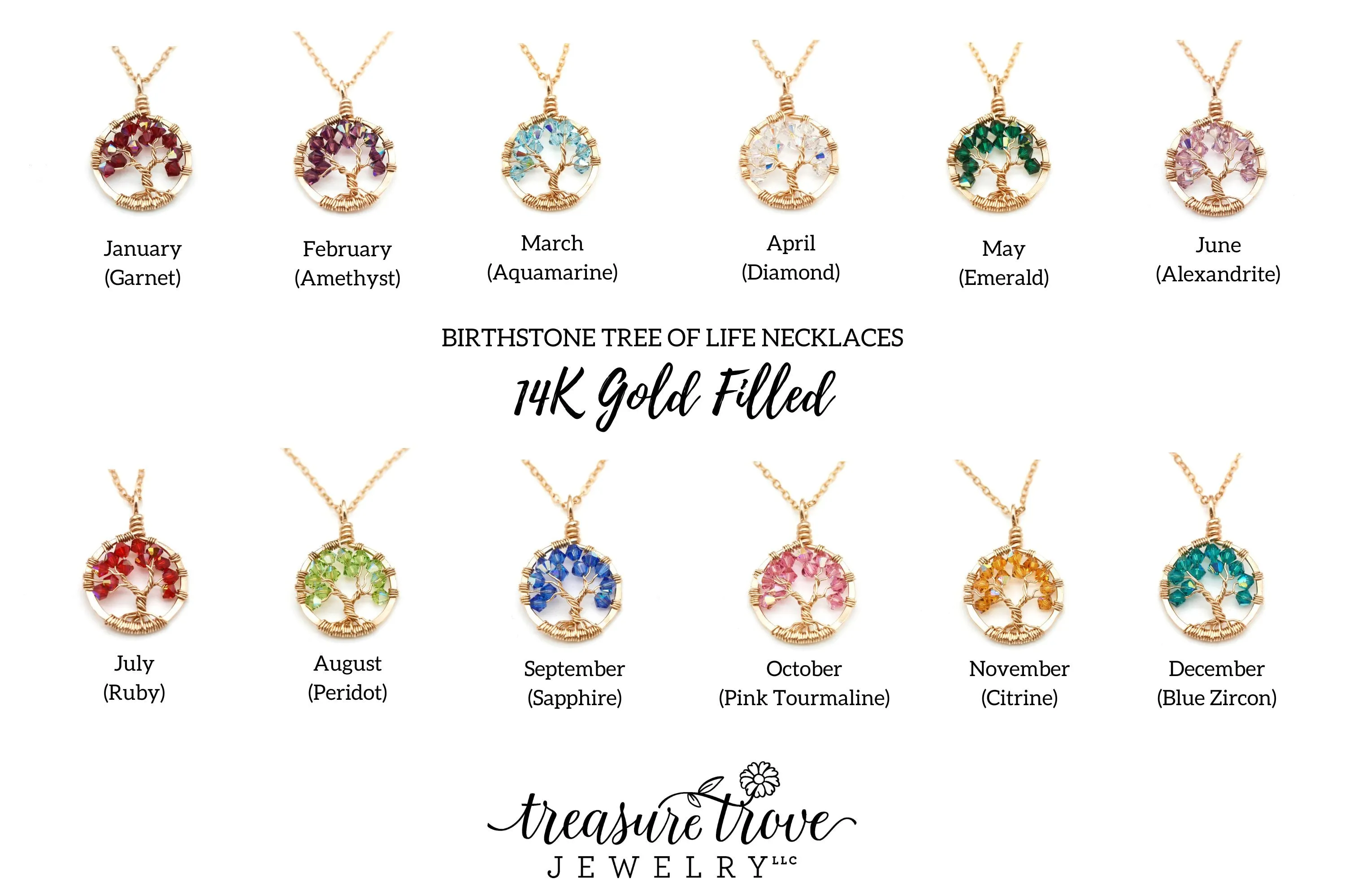 Gold Aquamarine Tree of Life Crystal Necklace (March)