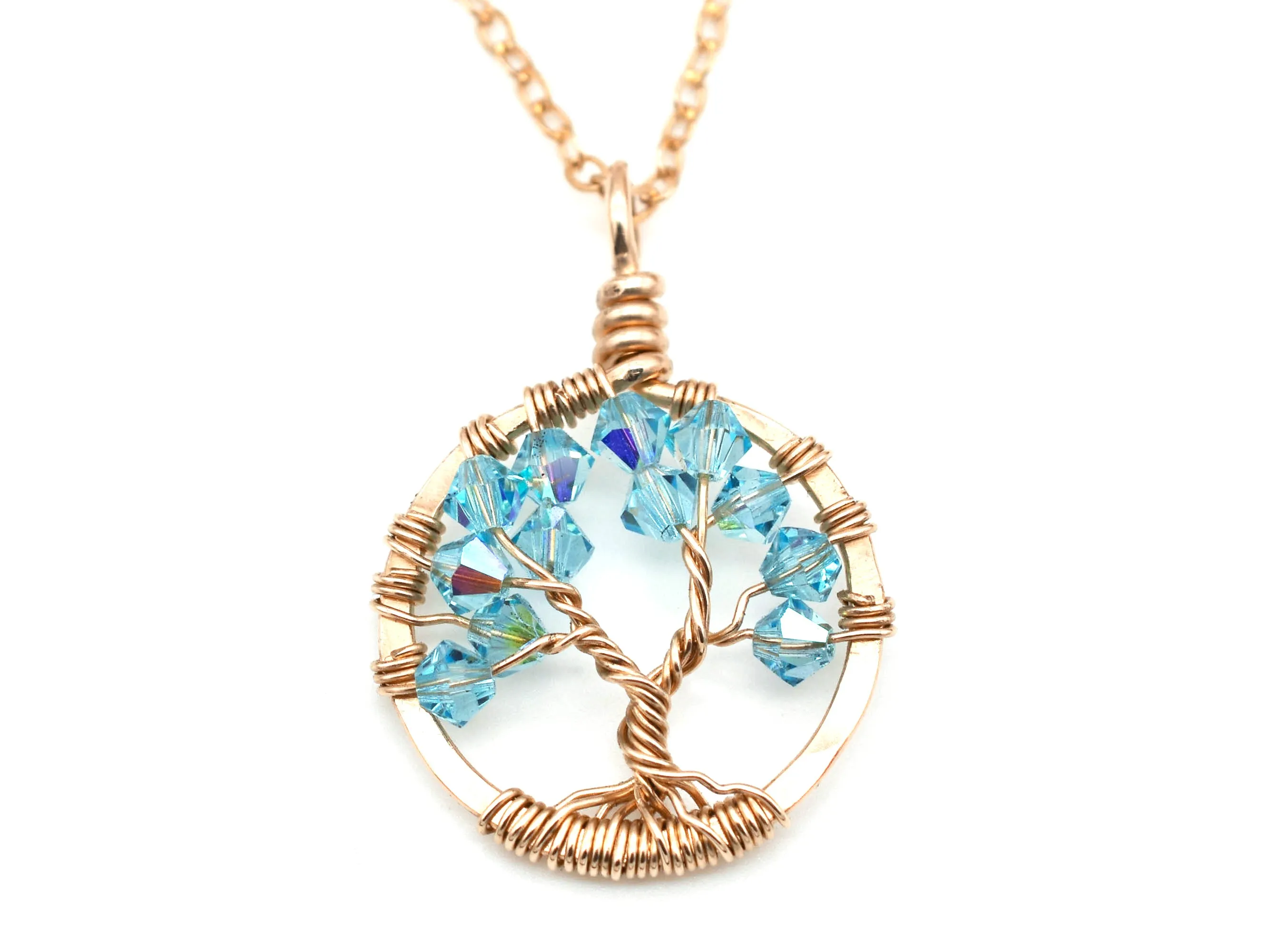 Gold Aquamarine Tree of Life Crystal Necklace (March)