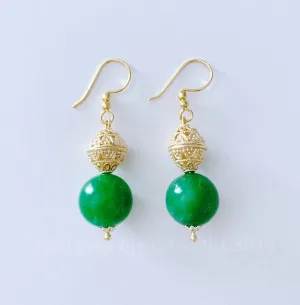 Gold Filigree & Green Jade Drop Earrings