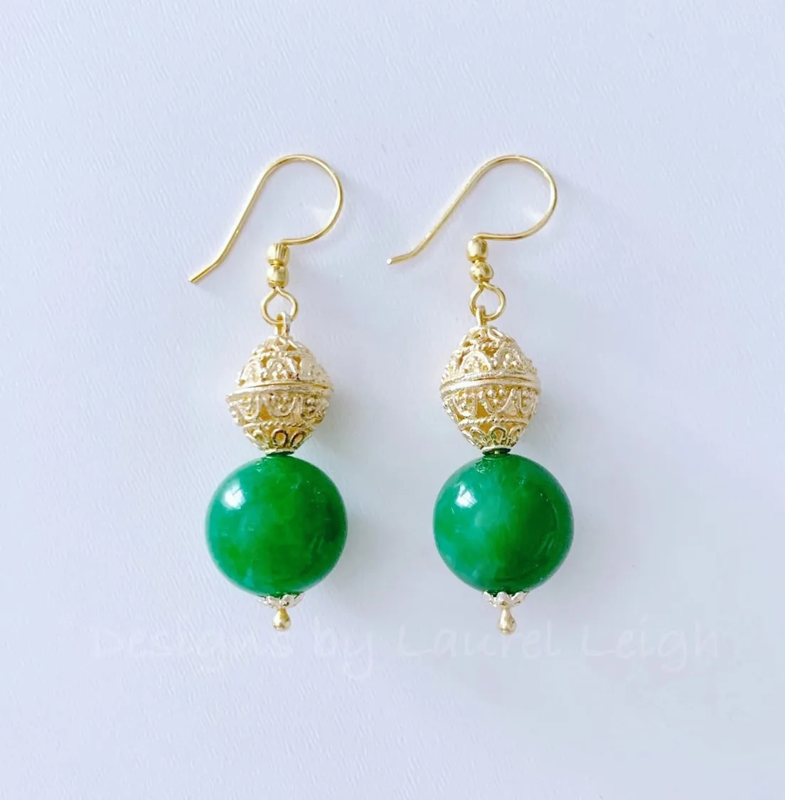 Gold Filigree & Green Jade Drop Earrings