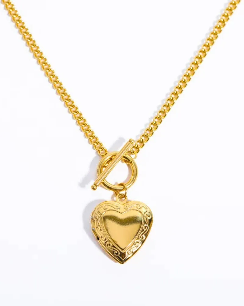 Gold Heart Locket Toggle Necklace (Waterproof)