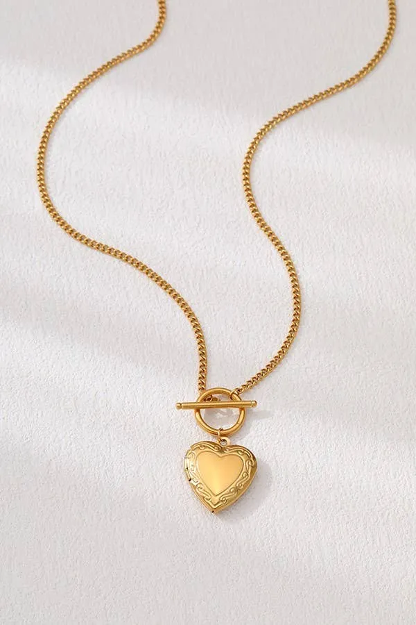 Gold Heart Locket Toggle Necklace (Waterproof)